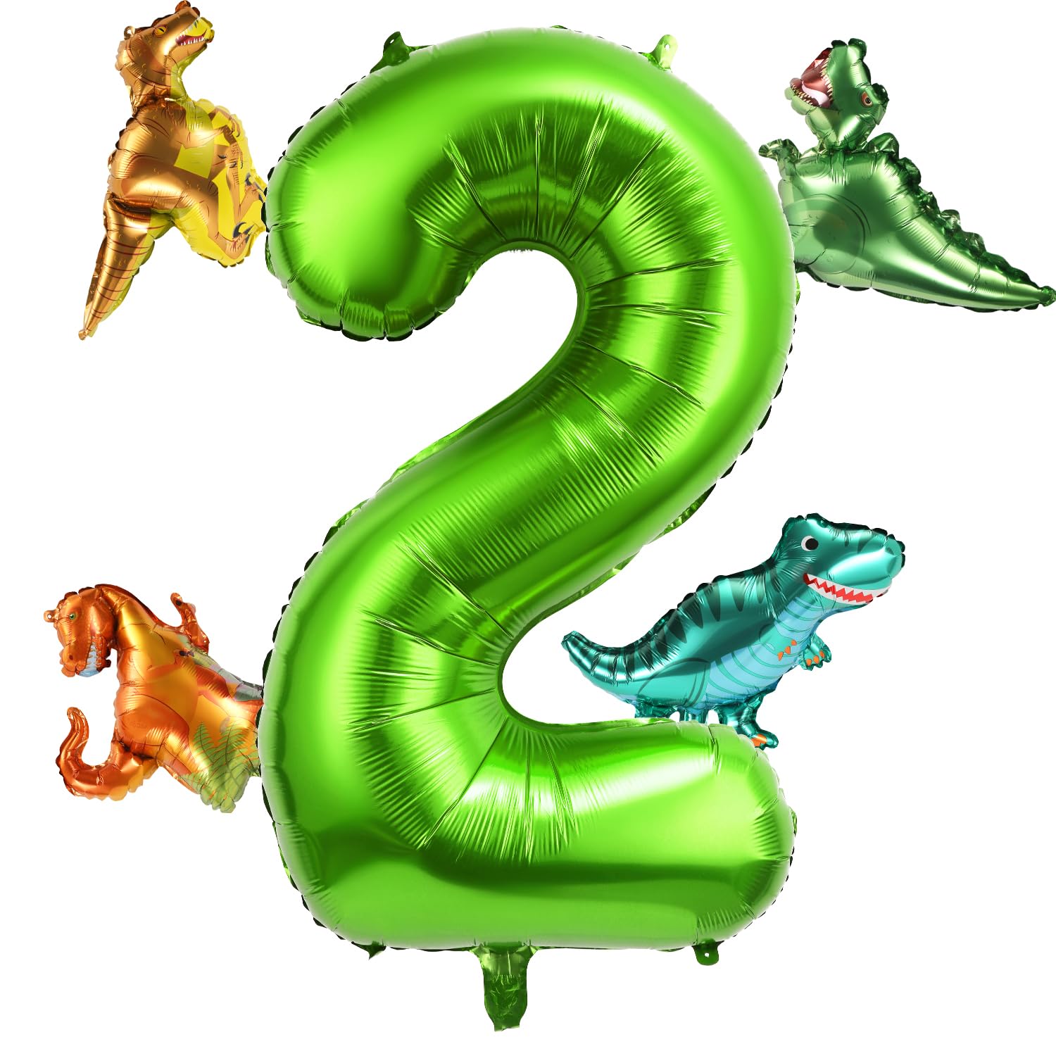 40 Inch Number Balloon with 4 Cute Dinosaur Balloons, Aluminum Foil Large Numeral Balloons Green Dino Set for Jungle Themed Birthday Party Decoration Supplies (Number 2)