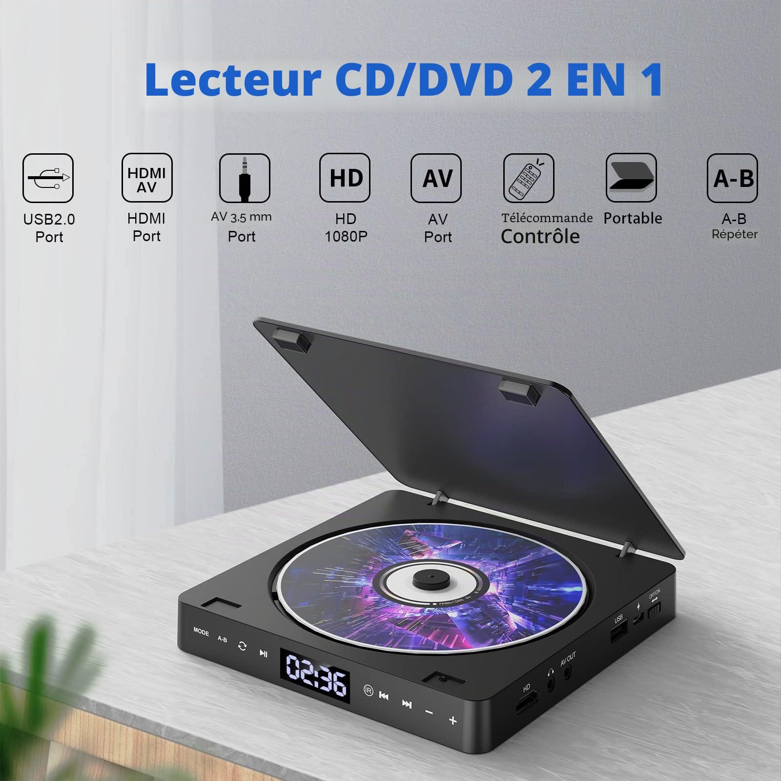 Gueray Mini Lecteur DVD CD Portable pour TV Toutes Les Régions HD 1080p USB 3.5mm Aux Télécommande HDMI AV