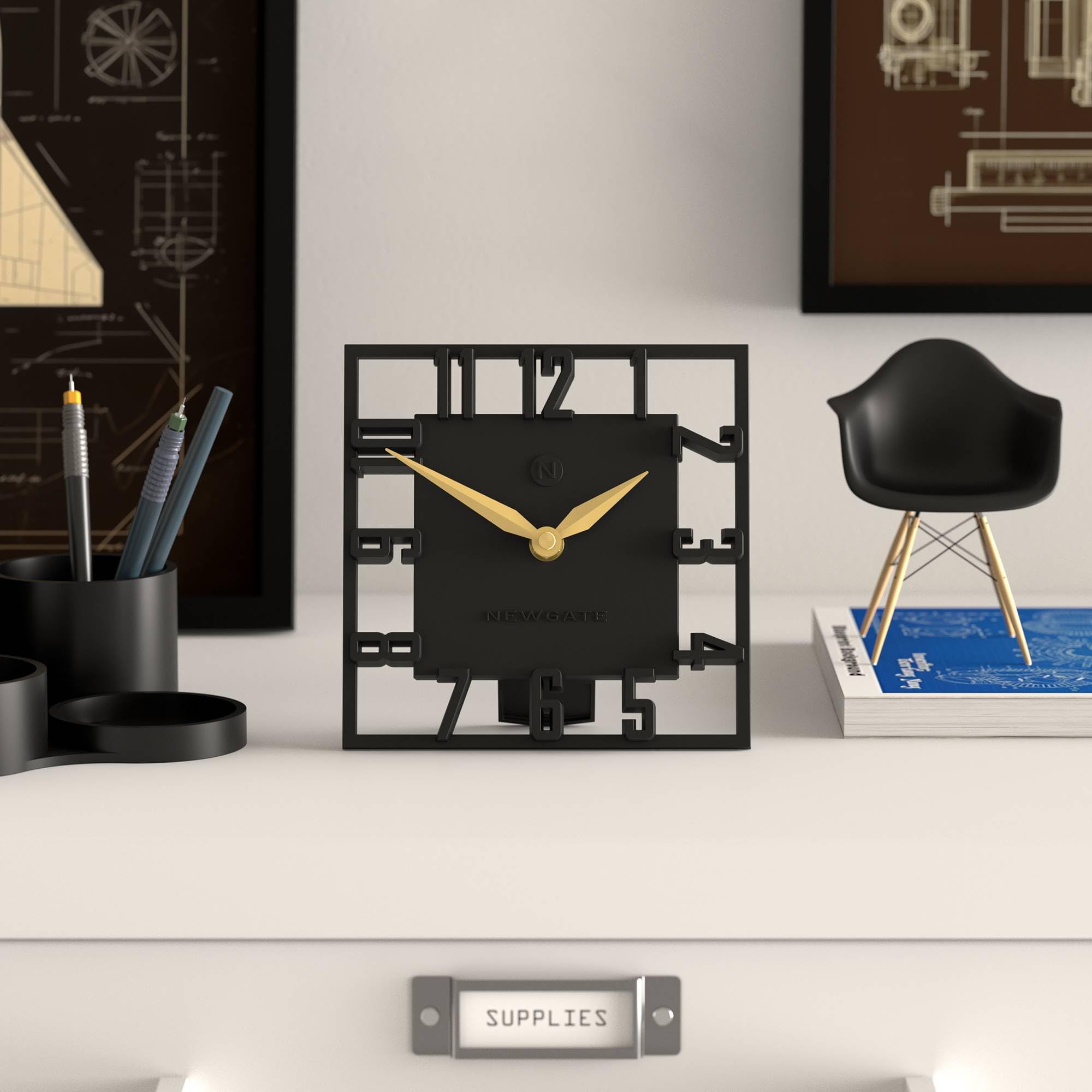 NEWGATE® Highline Reloj de Escritorio | Reloj Esqueleto Cuadrado | Negro | Estilo Moderno de diseño para Escritorio, encimera, repisa, estantería o mesilla | para Cocina, salón, Oficina