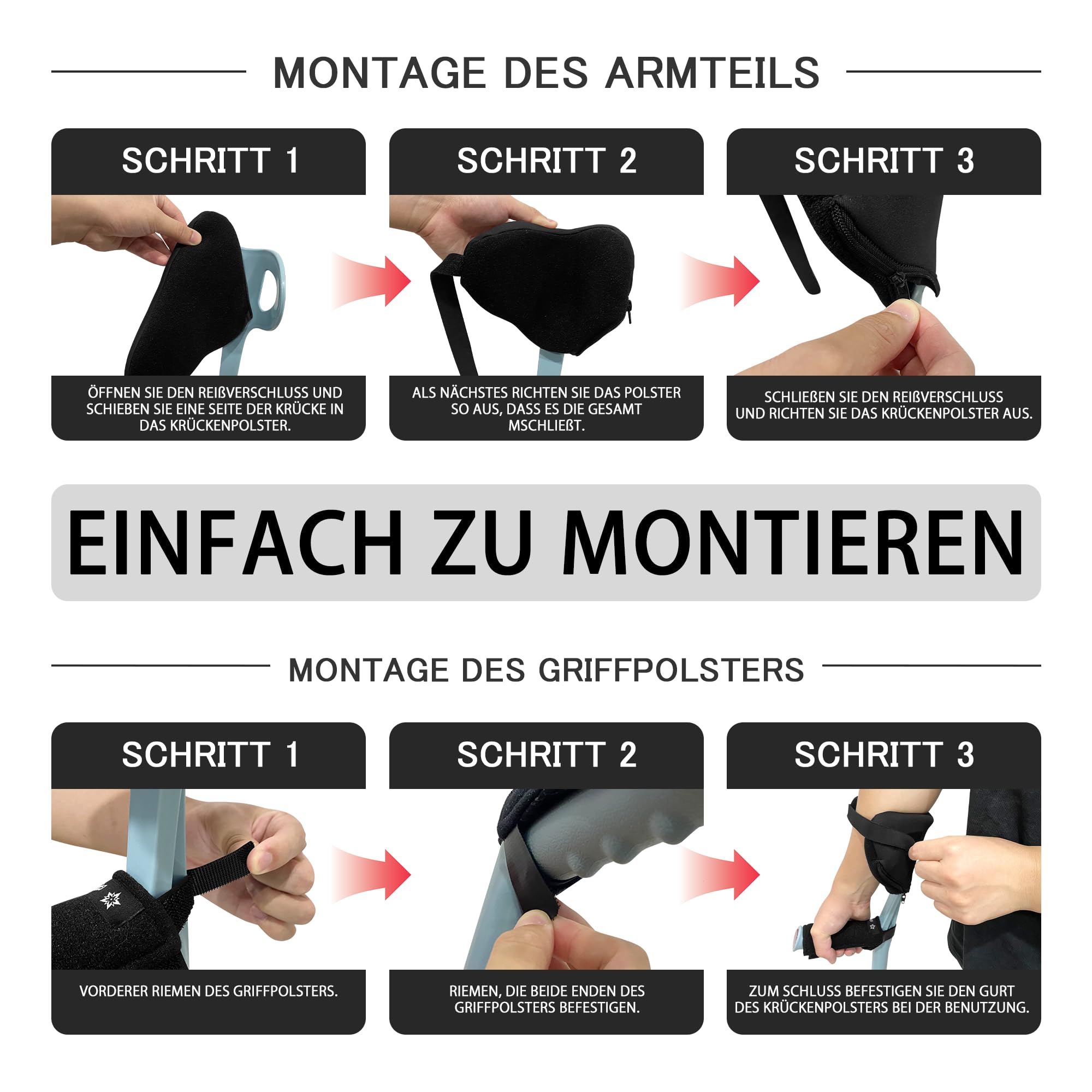 SPRING SEAON krücken griffpolster – Pads für Gehstützen 4er-Set, Unterarmgehstützen-Polster für offene Manschette, rutschfeste Handgriff-Bezüge mit verstellbaren Klettgurten, atmungsaktiv & waschbar