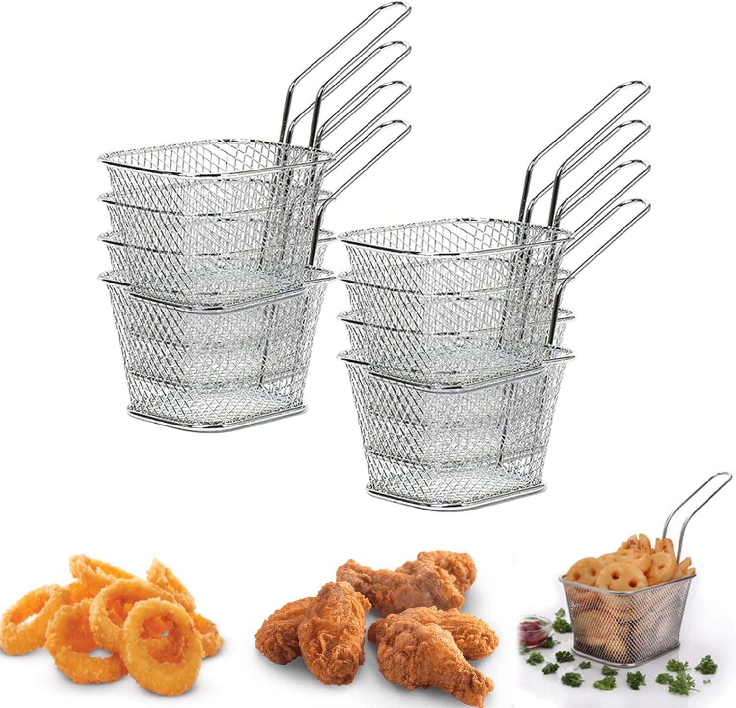 ELECDON Mini Square Fry Basket Steel French Fry Chip Basket Food Baskets for Serving Stainless Steel Fry Basket with Handle Reusable Fries Holder Mini Deep Fryer with Basket for Home Decor 8 PCS