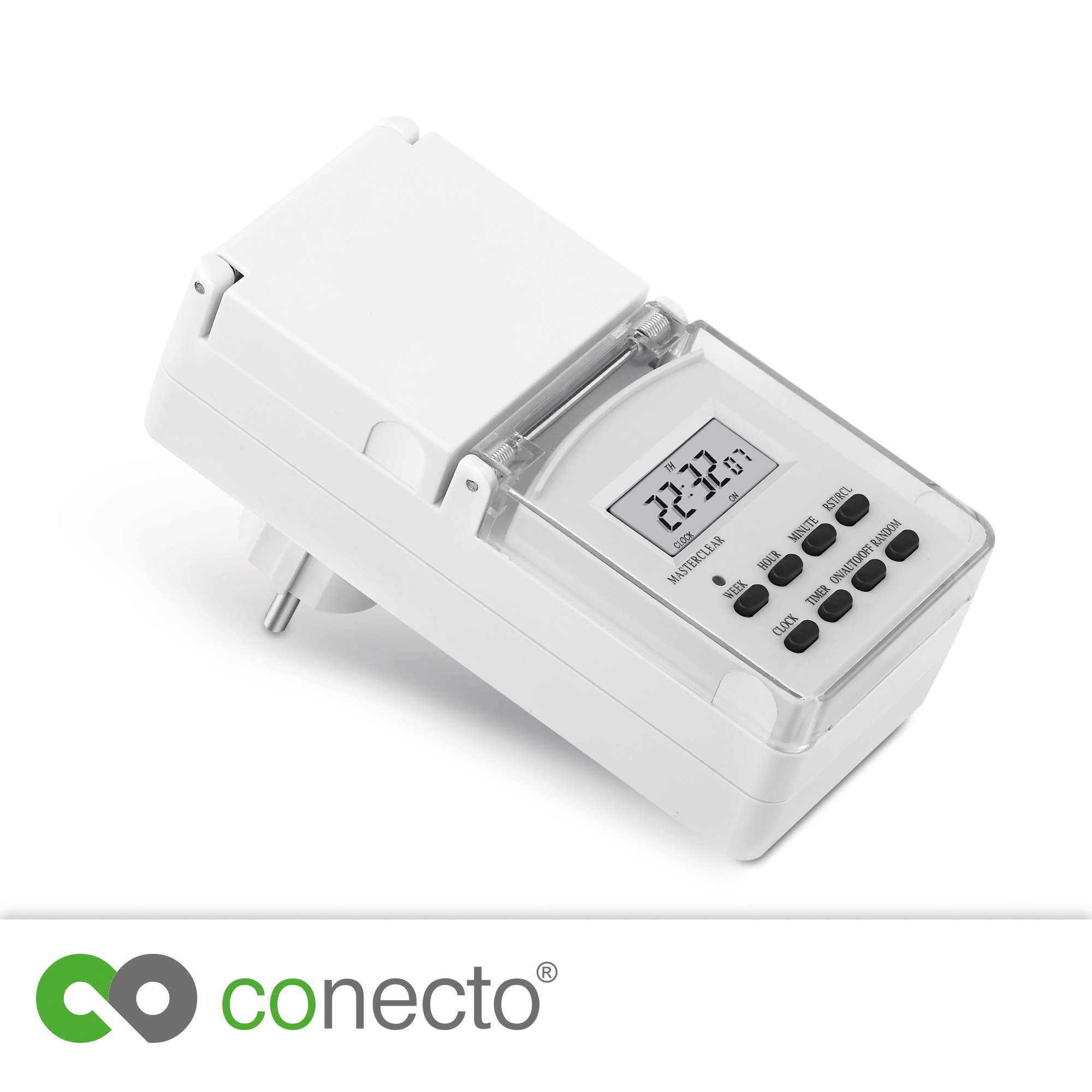 conecto Cyfrowy programator czasowy do gniazdka, do użytku wewnątrz i na zewnątrz, 10 programów przełączania, wyświetlacz LCD 1,5", w zestawie akumulator zapasowy, IP44, 3600 W, biały