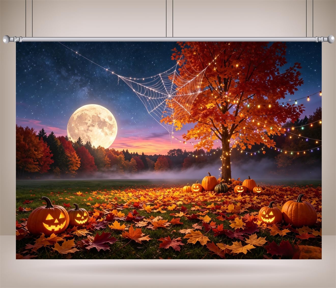 15x10FT (4.6x3m) Albero Halloween Sul Lago Sotto La Luna Sfondo Fotografico | Parco Festivo Di Zucche Al Chiar Di Luna Fondale In Tessuto,Lucine Ragnatela Acqua,Per Feste Halloween E Foto,Photo Booth