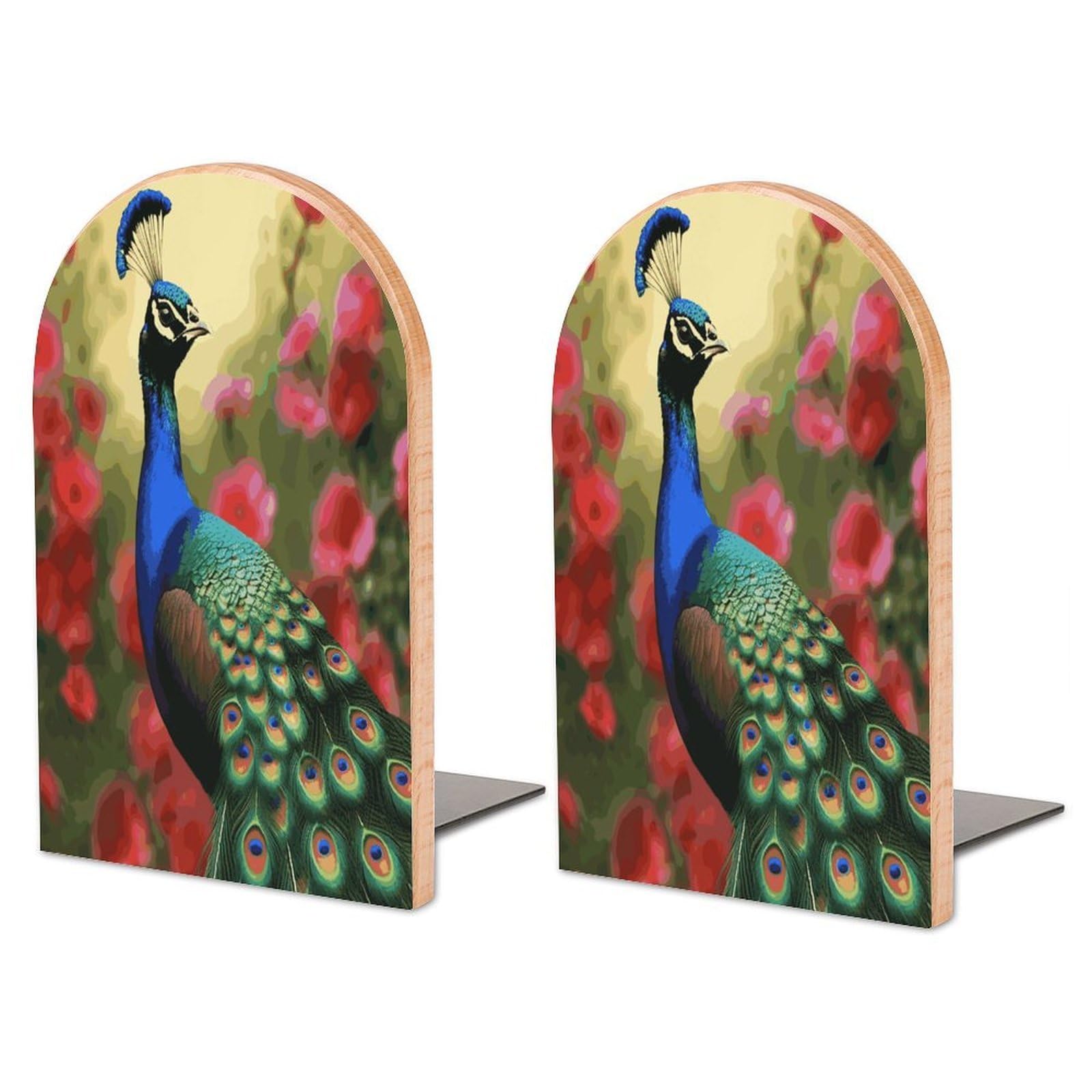 Large Peacock Flowers Book End with Metal Base Fashion Heavy Duty Bookend Exquisite Wooden Bookends Non-Skid Book Stopper for Shelves Books Organizer for Office Home 1 Pair