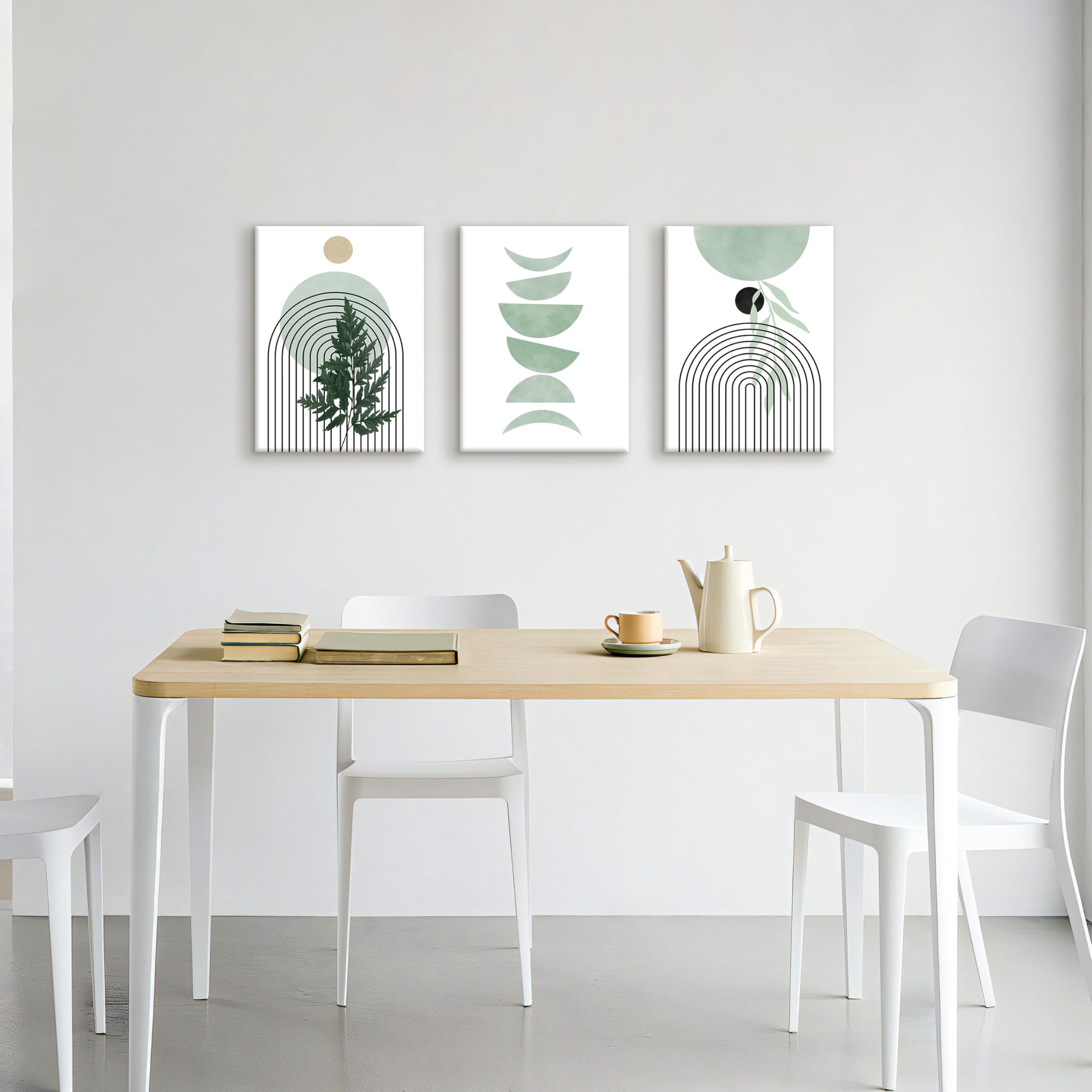 3 Pcs Wooden Framed Canvas Wall Art Set Bohemian Sage Green Canvas Prints Poster Geometric Line Beige Green Pictures for Living Room Bedroom Dinning Room Hallway Stairs Wall Decor 30x40cm x3pcs — view 476