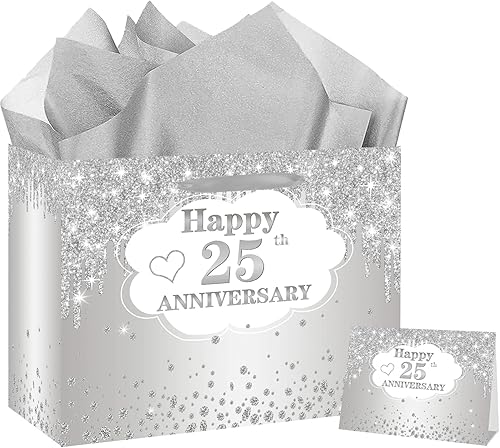 RTMISA 25th Anniversary Themed Gift Bag with Tissue Paper and Greeting Card Silver Wedding Anniversary Paper Gifts Wrapping Bag for Wife Husband Couple - 25th Anniversary Gifts For Husband