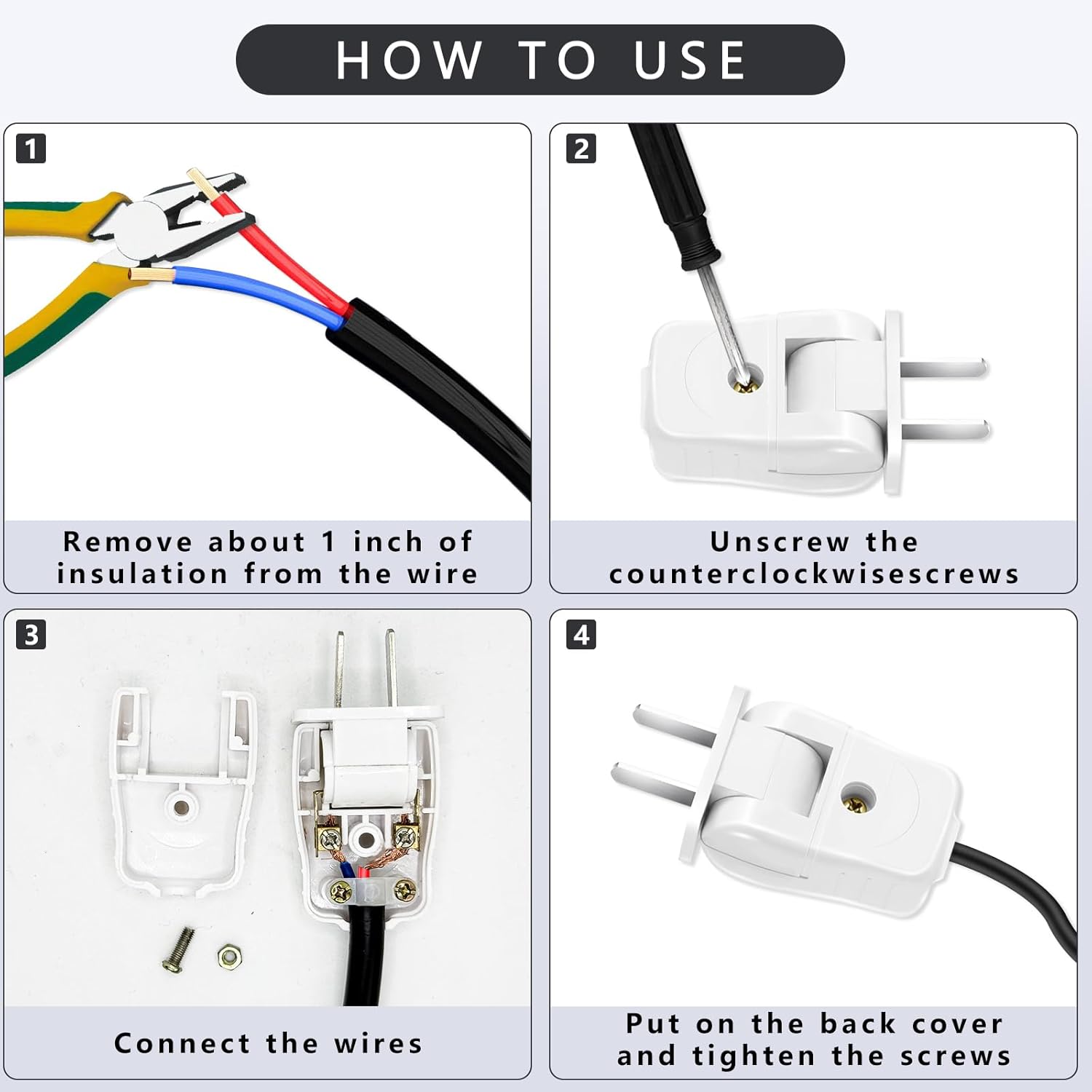 10 Pcs Replacement Plug 2 Prong, Rotatable Plug Replacement 2 Prong, Electrical Plug Replacement with 1 Screwdriver, for Small Appliances Strips Lamps DIY Craft, (White)