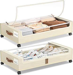 Yecaye Under Bed Storage with Wheels, 2 Pack Under Bed Storage Containers, 60L Underbed Shoe Storage with Clear Window & Label, Rolling Under Bed Metal Drawer for Clothes, Shoes,Toys, Books, Blankets