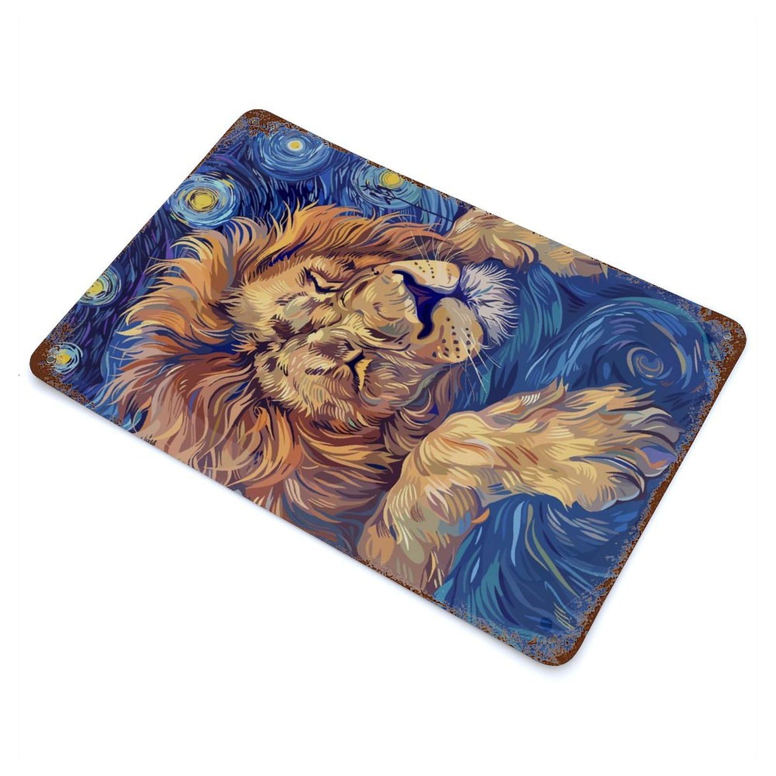 Lion Sleeping in Starry Night Style 11.8"x7.9" Aged Metal Wall Plaque, Retro Wall Decor for Farmhouse, Kitchen And Entryway Decor