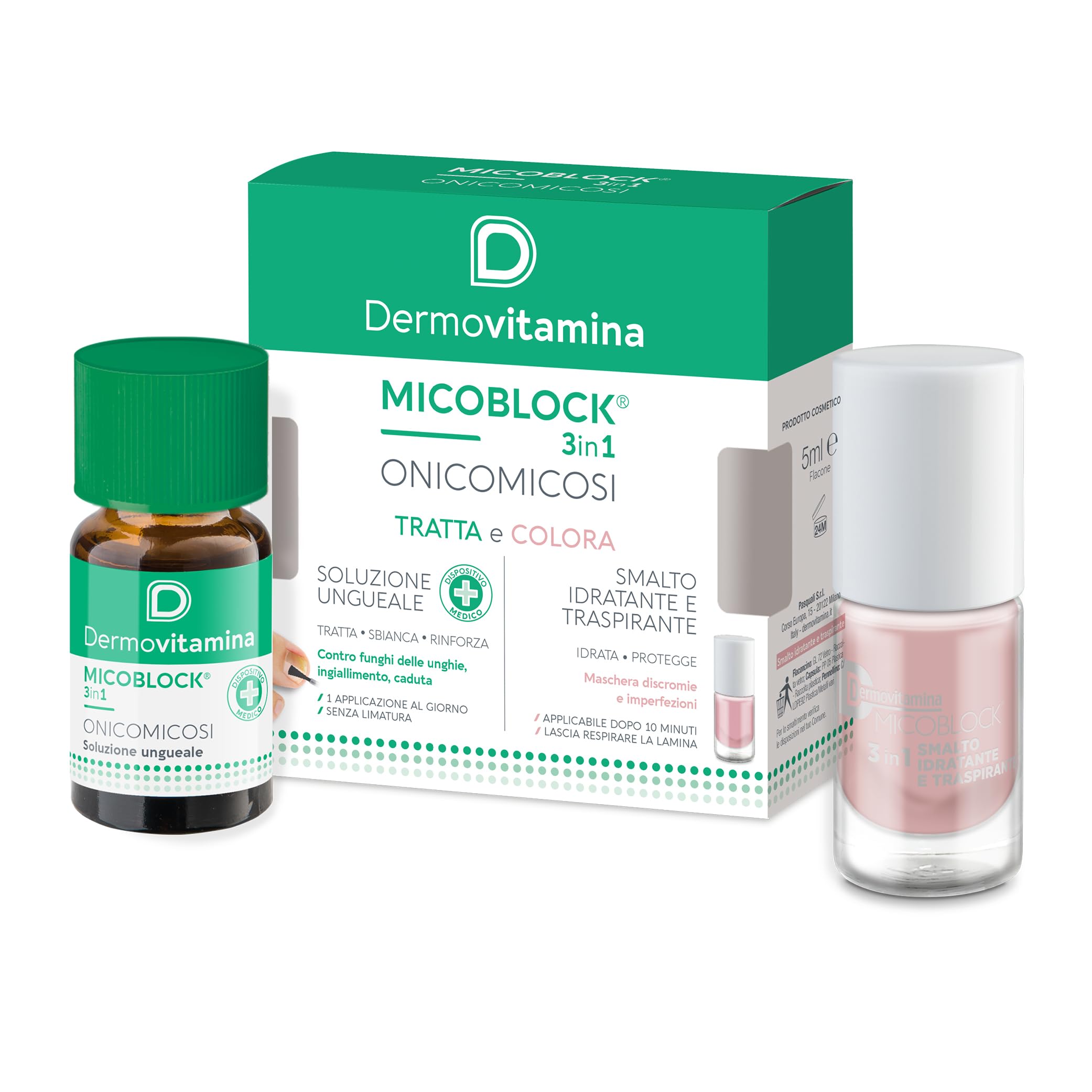 Dermovitamina Micoblock 3in1 Onicomicosi - Soluzione Ungueale Micosi + Smalto Curativo Nude - Tratta e Colora - Smalto Rinforzante Unghie Fragili - Antimicotico Unghie e Piedi - Gel 7 ml + 5 ml