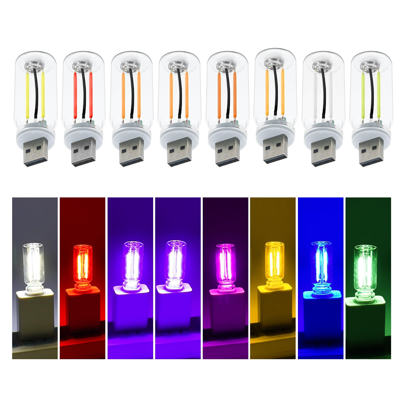 8Pack USB Retro Car Lamps, Car Interior Atmosphere Light, Mini LED Lamps USB Plug-in Automotive Glass Bottle Night LED Light Lighting for Cars Bedroom Hallway Stairways