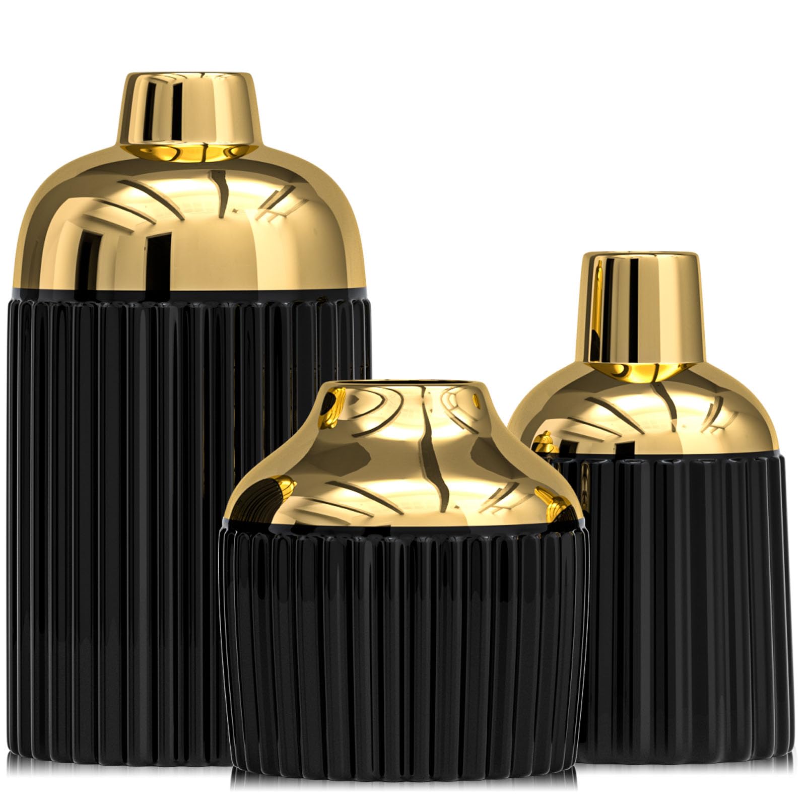 Photo 1 of 3 Piece Black Gold Ceramic Vases for Home Decor,Modern Decorative Vases for Flowers, Pampas Grass & Eucalyptus,Ribbed Aesthetic Set for Mantel,Shelf,Gifts for Interior Designers & Minimalists (Black)