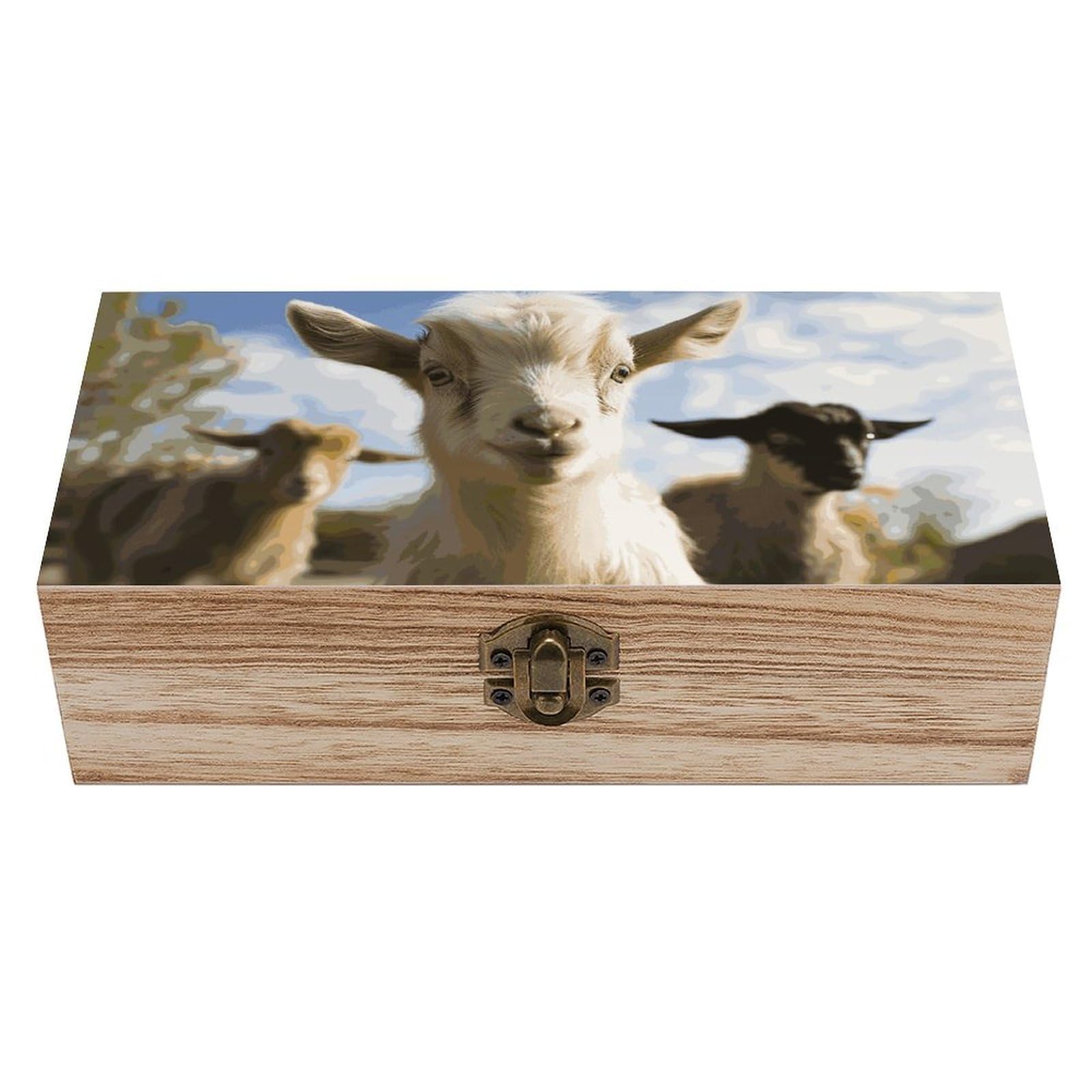 KLOPH Wooden Storage Box Cute Goat Wood Gift Box with Hinged Lid Vintage Decorative Jewelry Boxes Memory Box for Jewelry Art Hobbies Home Storage Treasure Keepsake Gift 7.9''x3.9''x2.3''