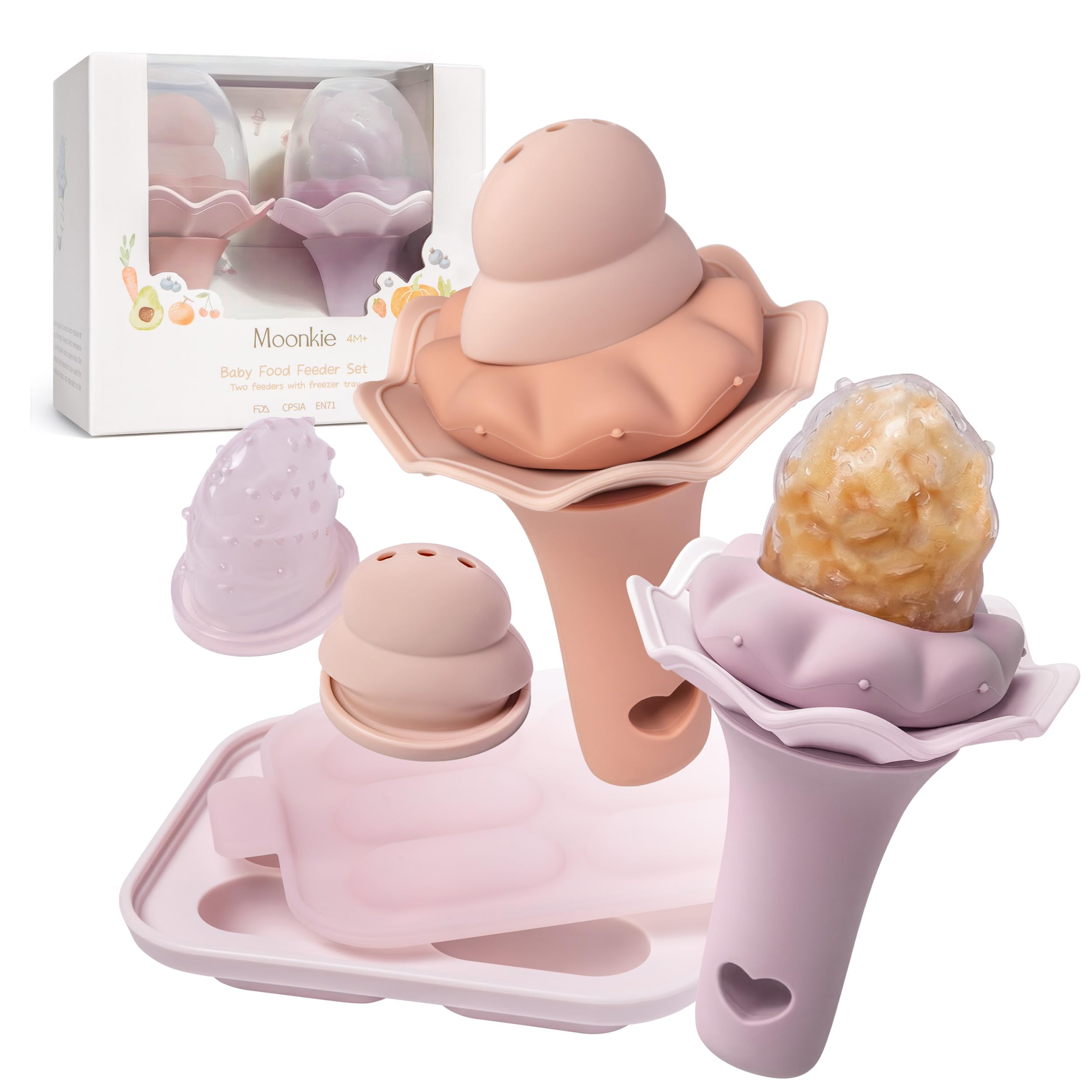 Moonkie Baby Fruit Feeder with Freezer Tray, BPA Free Silicone Food Feeder for Infant Self Feeding, Breastmilk Popsicle Molds, Mesh Feeder with Two