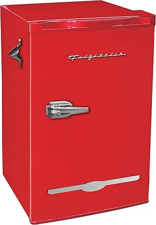 Frigidaire Retro Compact Fridge with Chiller, 3.2 cu ft Countertop Fridge with Built-In Bottle Opener, Compact Refrigerator for Office, Bedroom, Dorm Room or Cabin - 16.5\\\"D x 19\\\"W x 31\\\"H (Red)