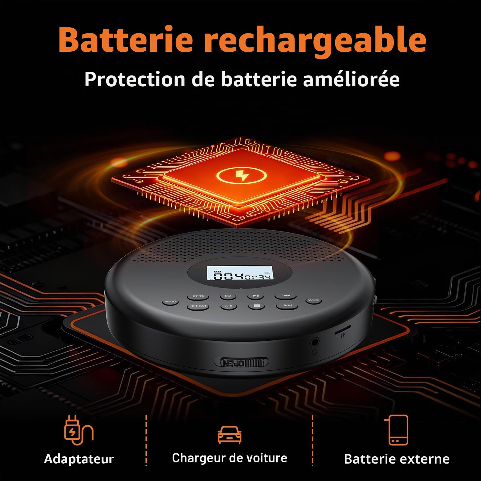 Lecteur CD Portable Arafuna Bluetooth Rechargeable, Haut-parleurs, Antichoc, écran LCD. 7 Modes de Lecture, 5 égaliseurs, Compatible TF/AUX. Compact, idéal Maison, Voiture et Voyages.