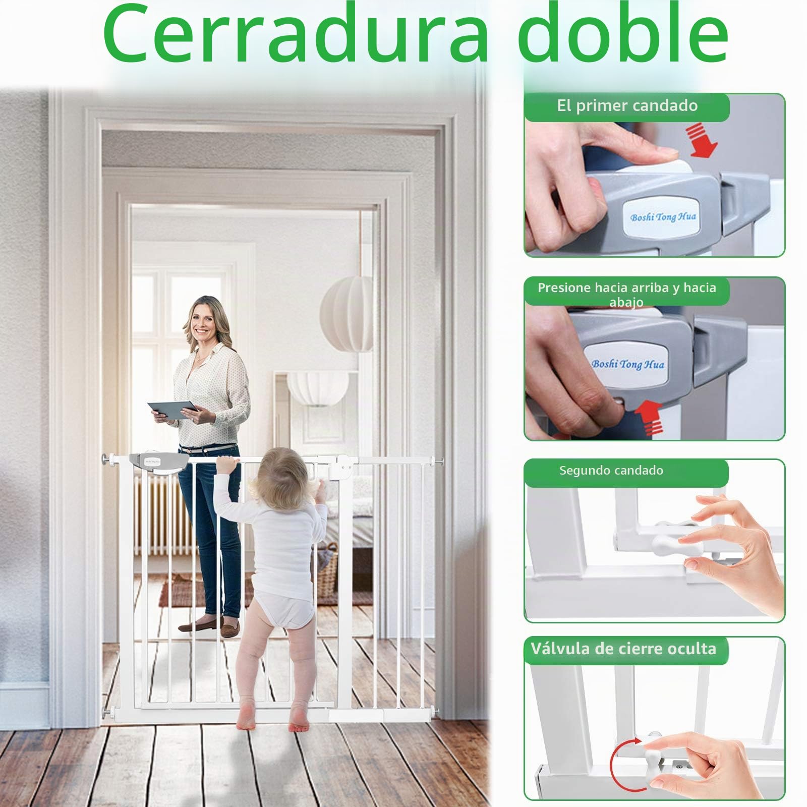 UISEBRT Rejilla protectora para escaleras, sin agujeros, para bebés de 105 a 115 cm de ancho, cierre automático, apertura con una mano, rejilla de metal, color blanco