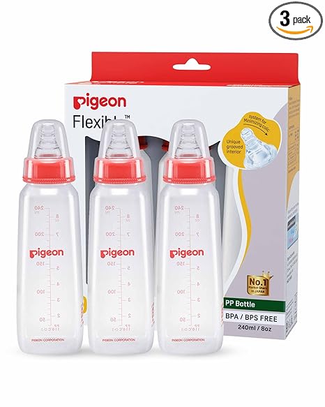 Pigeon Peristaltic Baby Nursing/Feeding Bottle KPP Nipple L,For 9+ Month Babies,BPA Free,BPS Free,Square Base,Red,240 ml,Pack of 3