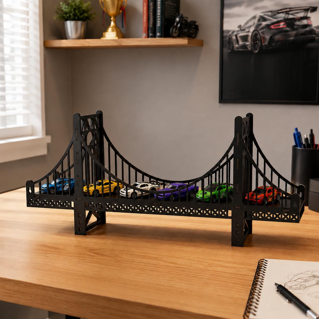 Display Case for Hot Wheels | Suspension Bridge Shaped MDF Toy Car Stand | Die Cast Car Organizer | Tabletop Display Stand for Hot Wheels | Birthday Gift for Car Lovers | Kids Room Decor (Black)-image-43
