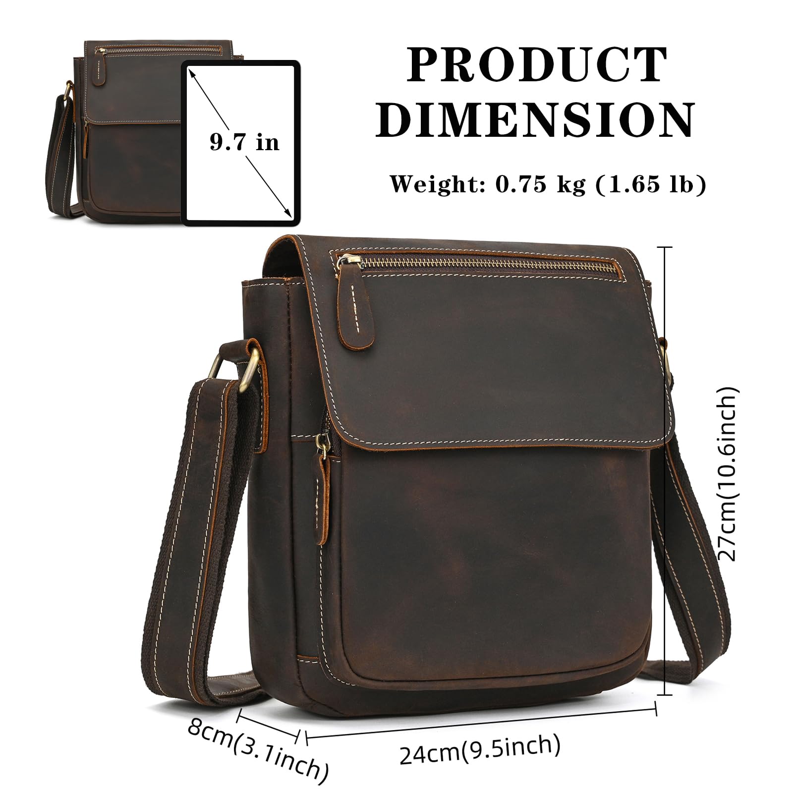 Sac Croisé pour Hommes Cuir Véritable Sacoche Bandoulière Vintage Petit Sac pour iPad 9,7 Pouces Business Sacs à Bandoulière