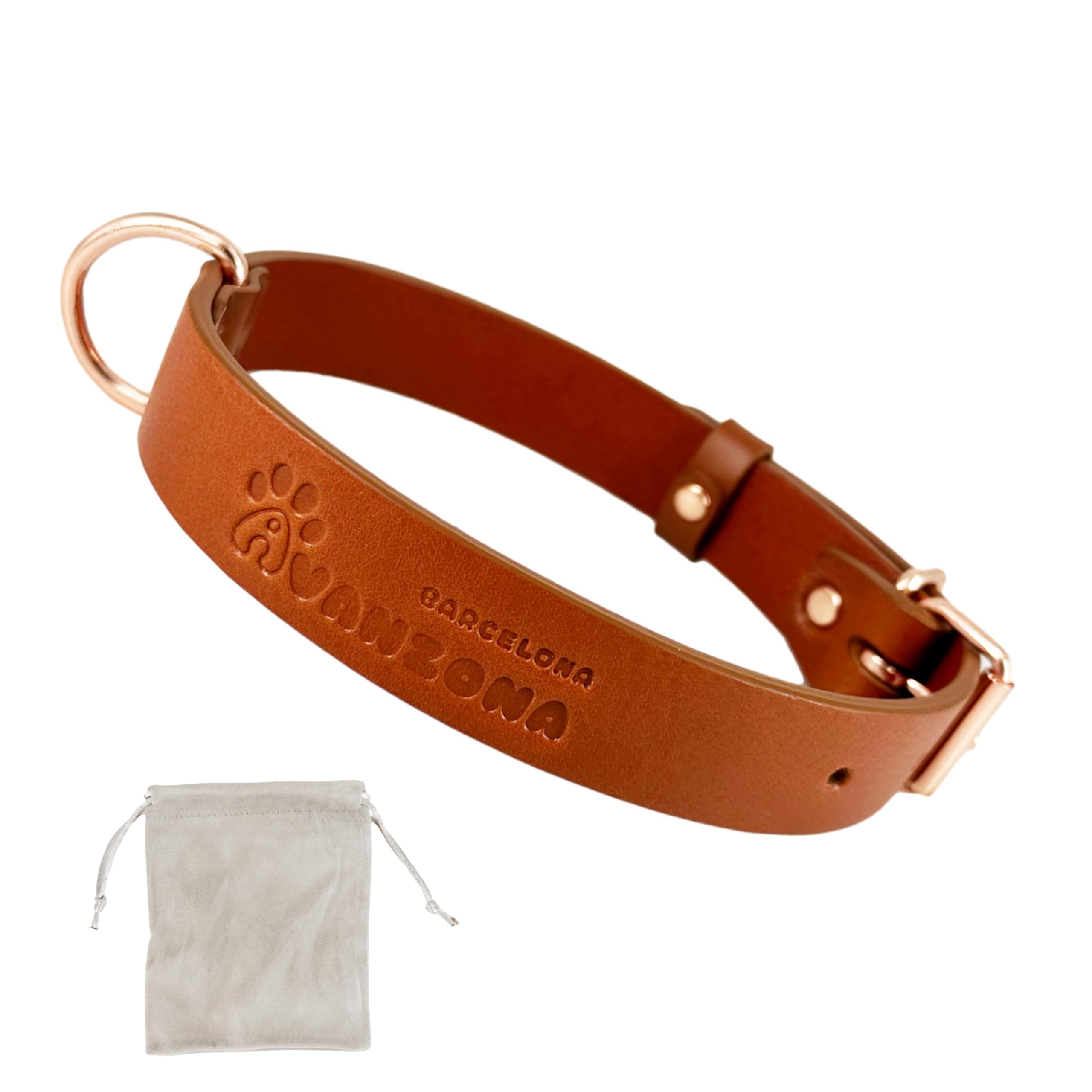 Dog Collar Leather, Quality Soft Leather, Handmade in Spain, Small Medium Large Dog. Cognac and Rose Gold