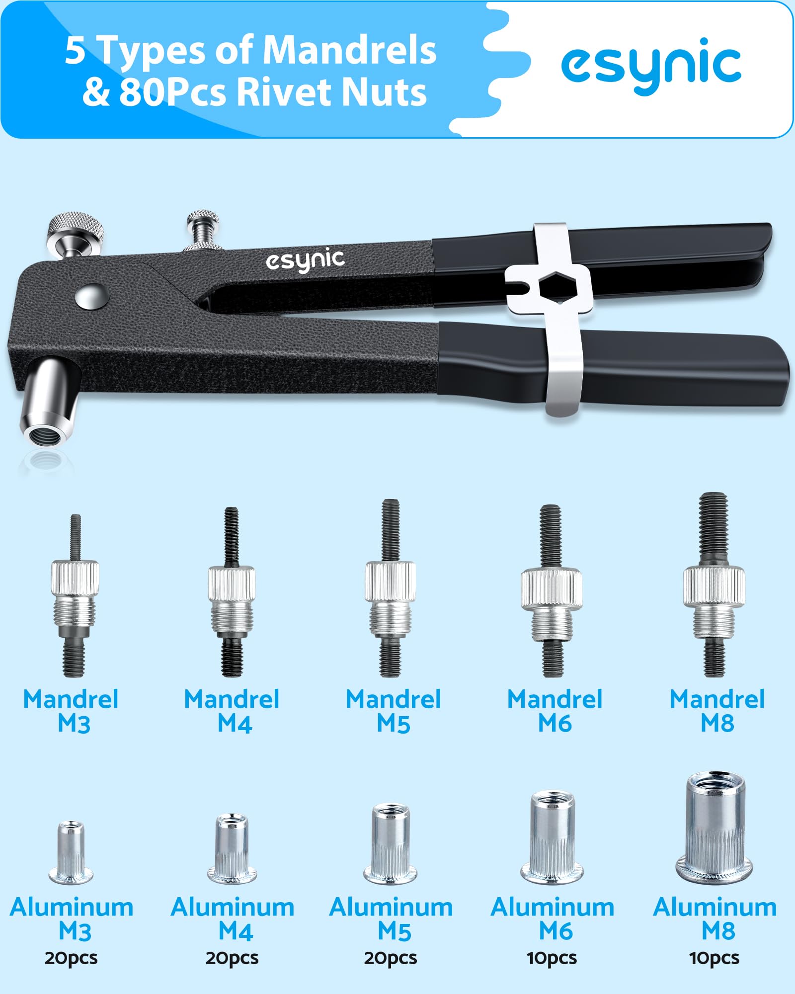 eSynic Rivnut Gun Tool Kit 10 Inch Rivet Nut Gun Set Hand Rivnut Tool Kit Heavy Duty Rivnut Gun Set Nut Rivet Tool with 80Pcs Riveter Nuts Metric M3 M4 M5 M6 M8 Perfect for Work - Image 2