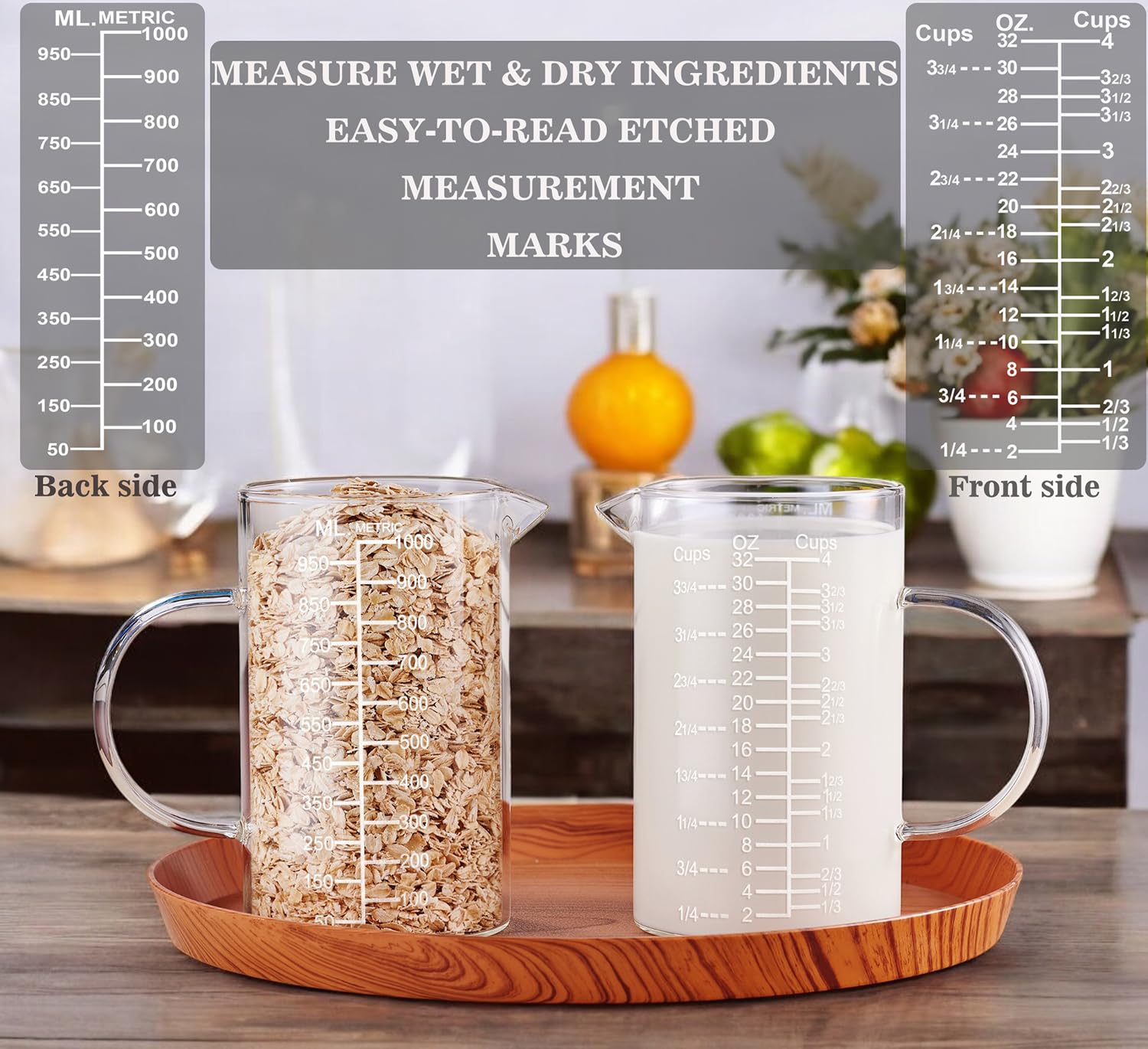 Taza medidora de vidrio graduado grabado, mango aislado, boquilla en forma de V, taza medidora de vidrio de borosilicato alto para cocina o comedor, fácil de leer, 32 onzas, 4 tazas