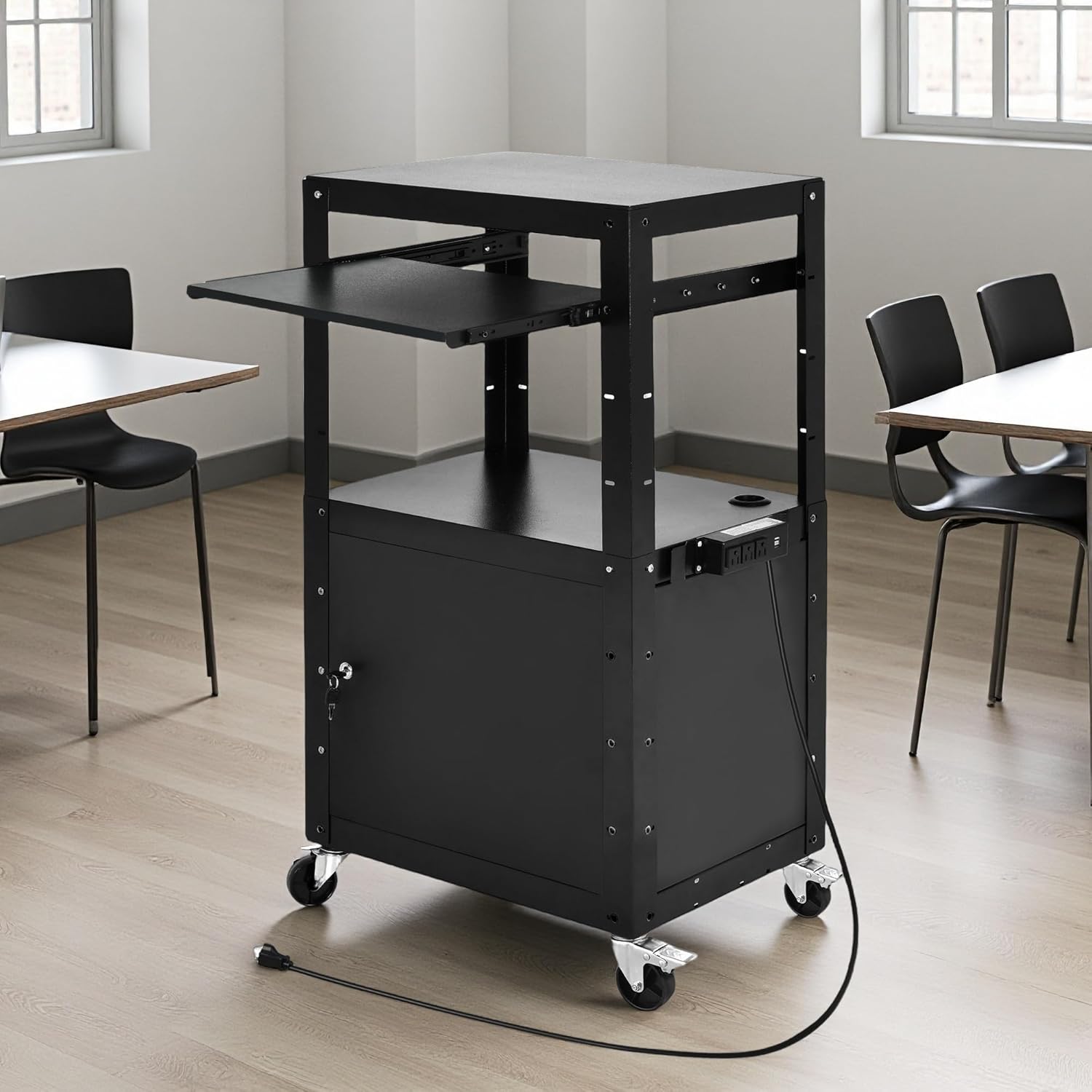 DWVO AV Presentation Cart Stand with Locking Cabinet, Steel Rolling Metal Cart on Wheels with Keyboard Tray & 16.4ft Cord for Video Projector, TV, Laptop Computers, Printers, Black