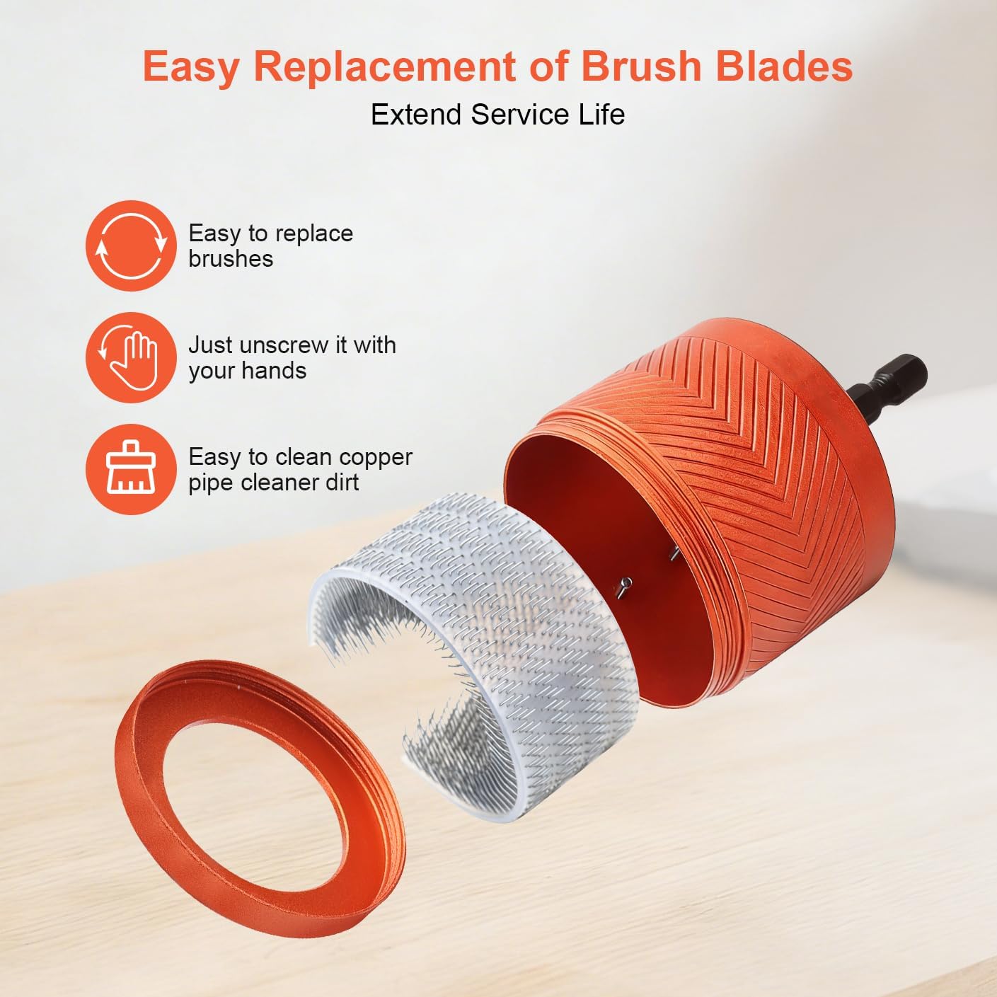 Metal Copper Pipe Cleaner Set 1/2'',3/4'',1'' - 3 Pack Copper Tube Cleaning for Drill with Replaceable Cleaner Brush Blades and Pipe Brushes(Orange)