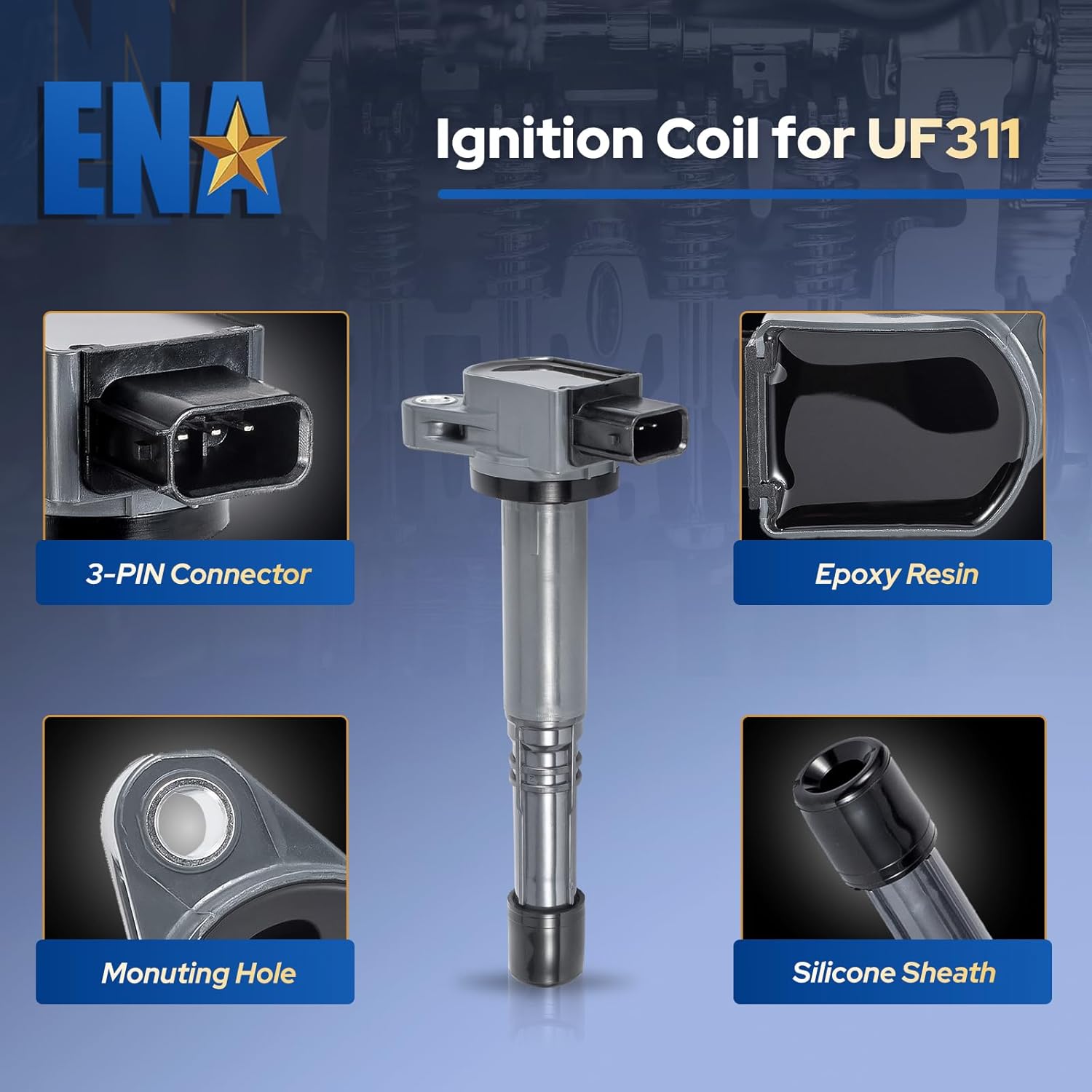 ENA Set of 4 Ignition Coil Pack 2.0L 2.4L V4 Compatible with Honda Acura Element CRV Civic Accord RSX CSX S2000 2002 2003 2004 2005 2006 2007 2008 2009 2010 2011 Coils for UF311 UF583 C1382