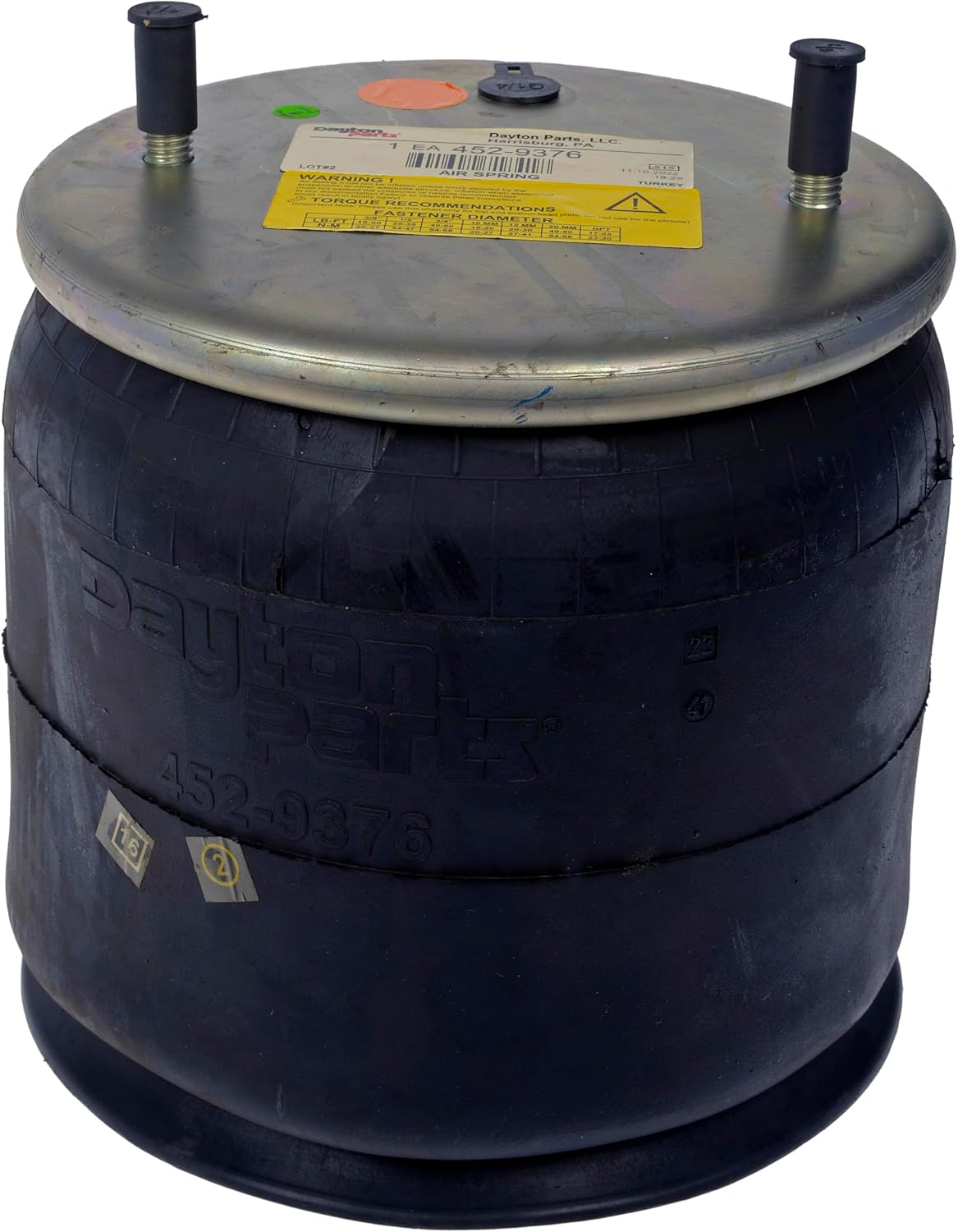 Dayton Parts 452-9376L Air Spring, Rolling Lobe, Composite Piston, 8" Static Height, 8.92" Top Plate Diameter, 9.53" Piston Diameter, Two Stud One Hole Top Plate, Two Stud Piston