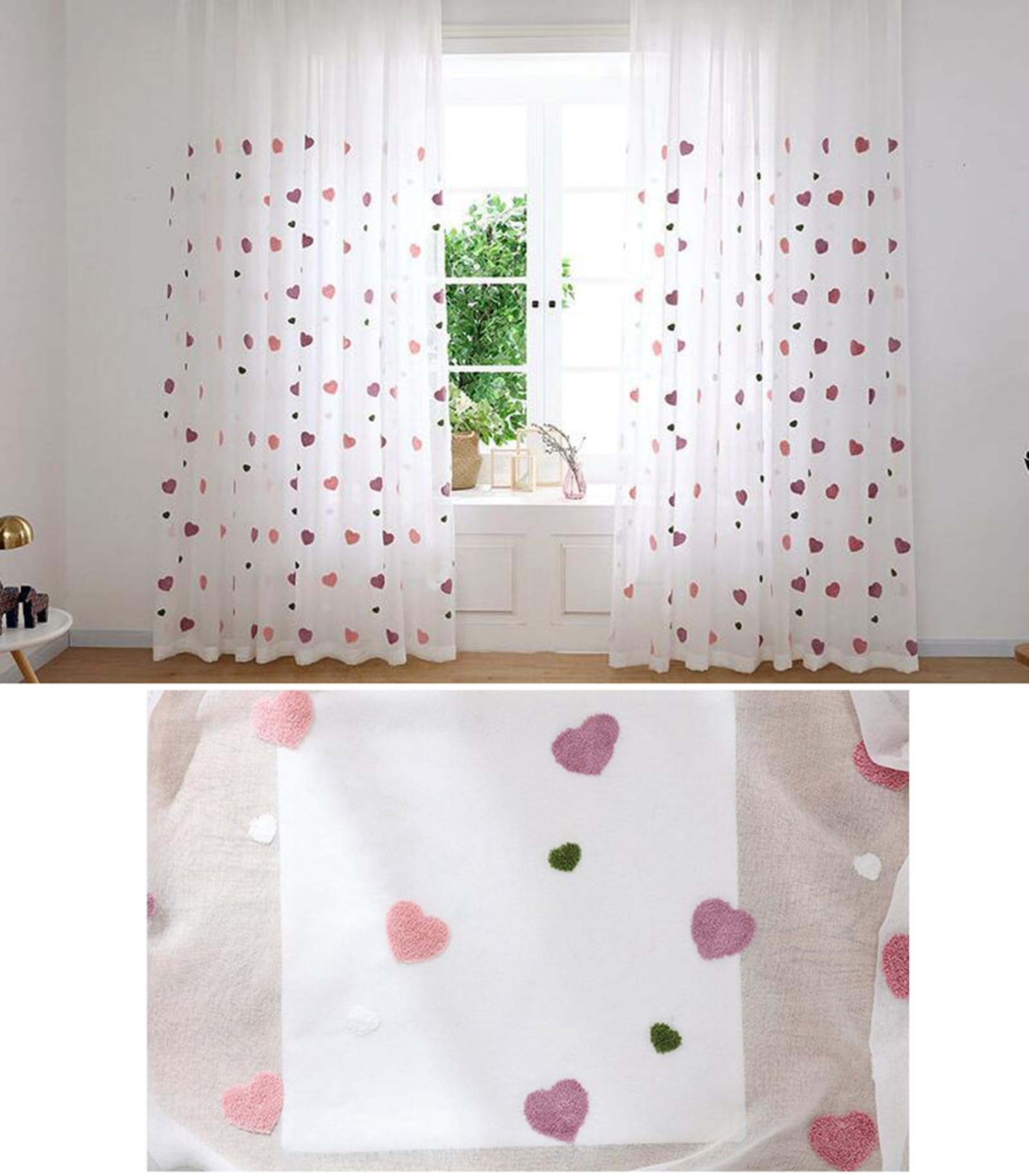 Beydodo Rideau Transparent Salon Lot de 2, Rideaux Voilage Interieur 137 x 229 Poche de Tige, Gaze Blanche À Motifs De Cœurs
