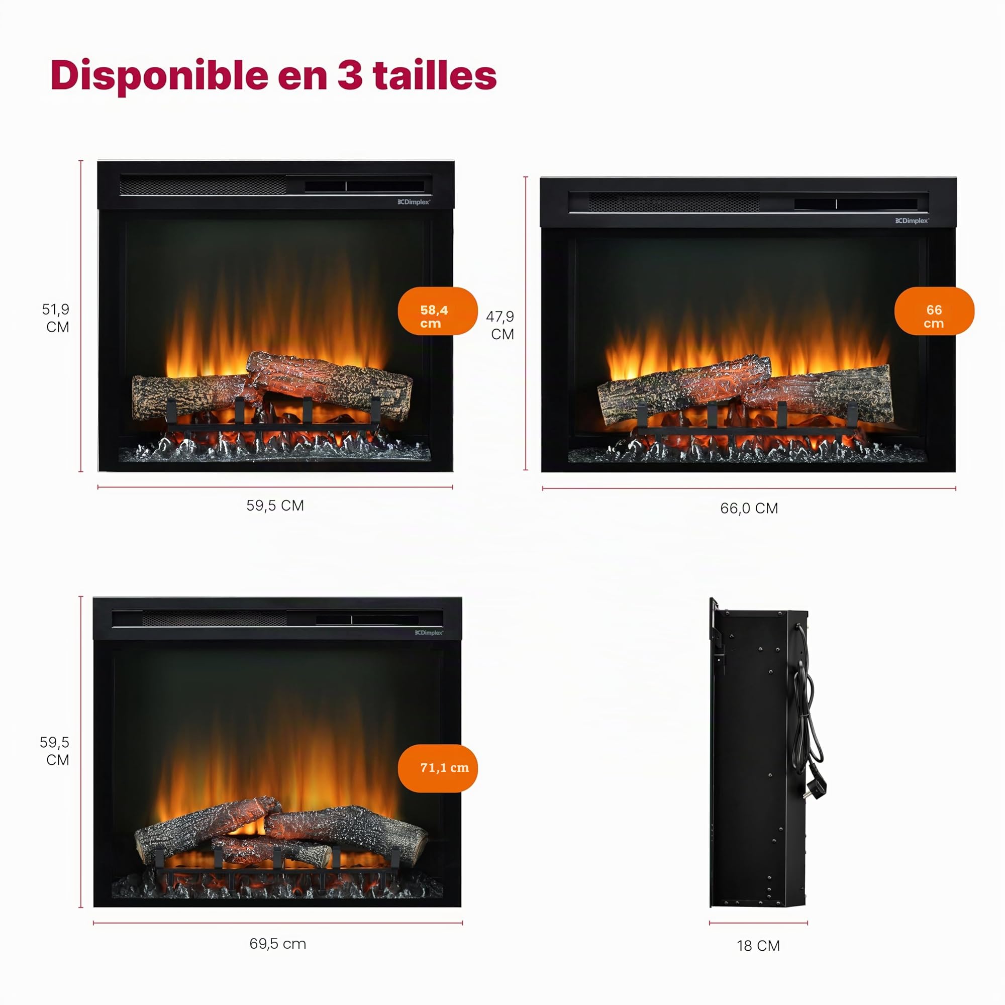 Dimplex Cheminée électrique XHD 23'' / 58 cm – Cheminée Murale avec Chauffage – 1400W – Effet de Flamme LED Optiflame – Chauffage activable – Télécommande Incluse