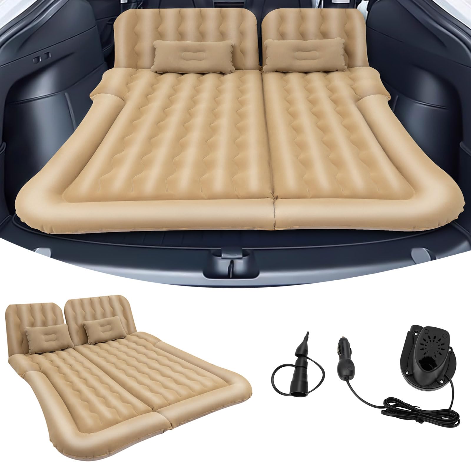Colchón hinchable para coche, con bomba de aire y 2 almohadas, portátil, de doble cara, para camping, viajes, exterior (beige)