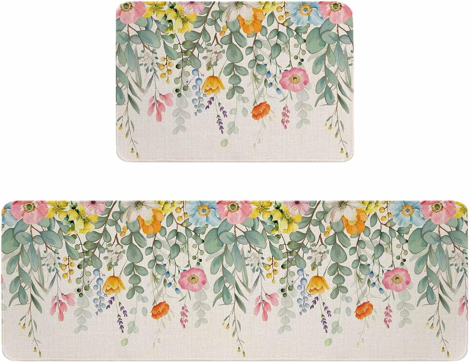Eucalyptus Leaves Floral Kitchen Rugs and Mats Set of 2, Non-Slip Kitchen Sink Mat, Spring Botanical Flowers Vines Washable Doormat Bathroom Rugs Runner for Bedroom/Living Room 17.7"x30"+17.7"x59"