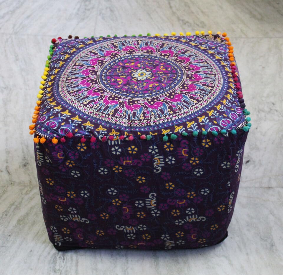 Indian Handmade Mandala | Square Ottoman Pouf Cover | Footstool Seating (Floral Mandala, 22x22x22)