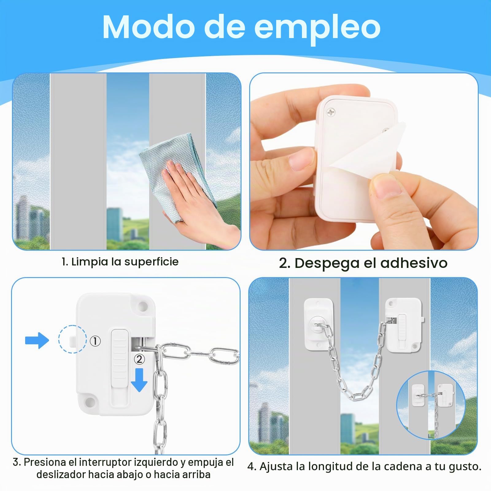 2 cierres ajustables para ventana de seguridad infantil, autoadhesivos, grises para bebés, niños pequeños, mascotas