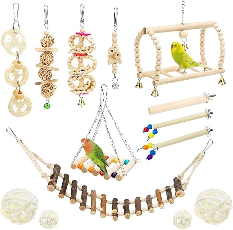 Allazone 14 Pz Juguetes para Pájaros, Escalera de Madera, Pájaros Juguetes con Campanas Que Cuelga la Perca Juguete para Pequeños y Medianos Loros de Aves