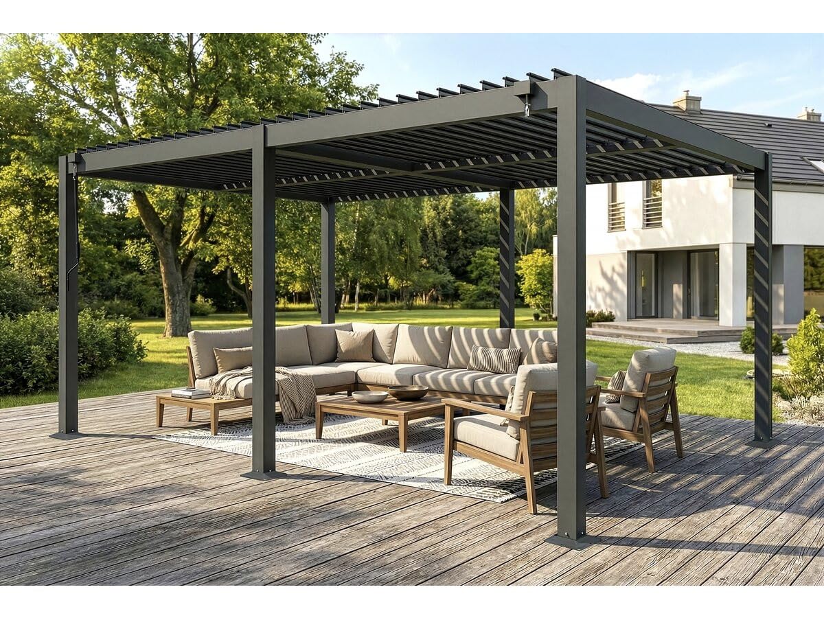 Pergola bioclimatica autoportante Kensington in alluminio - 3 x 5 m - Grigio