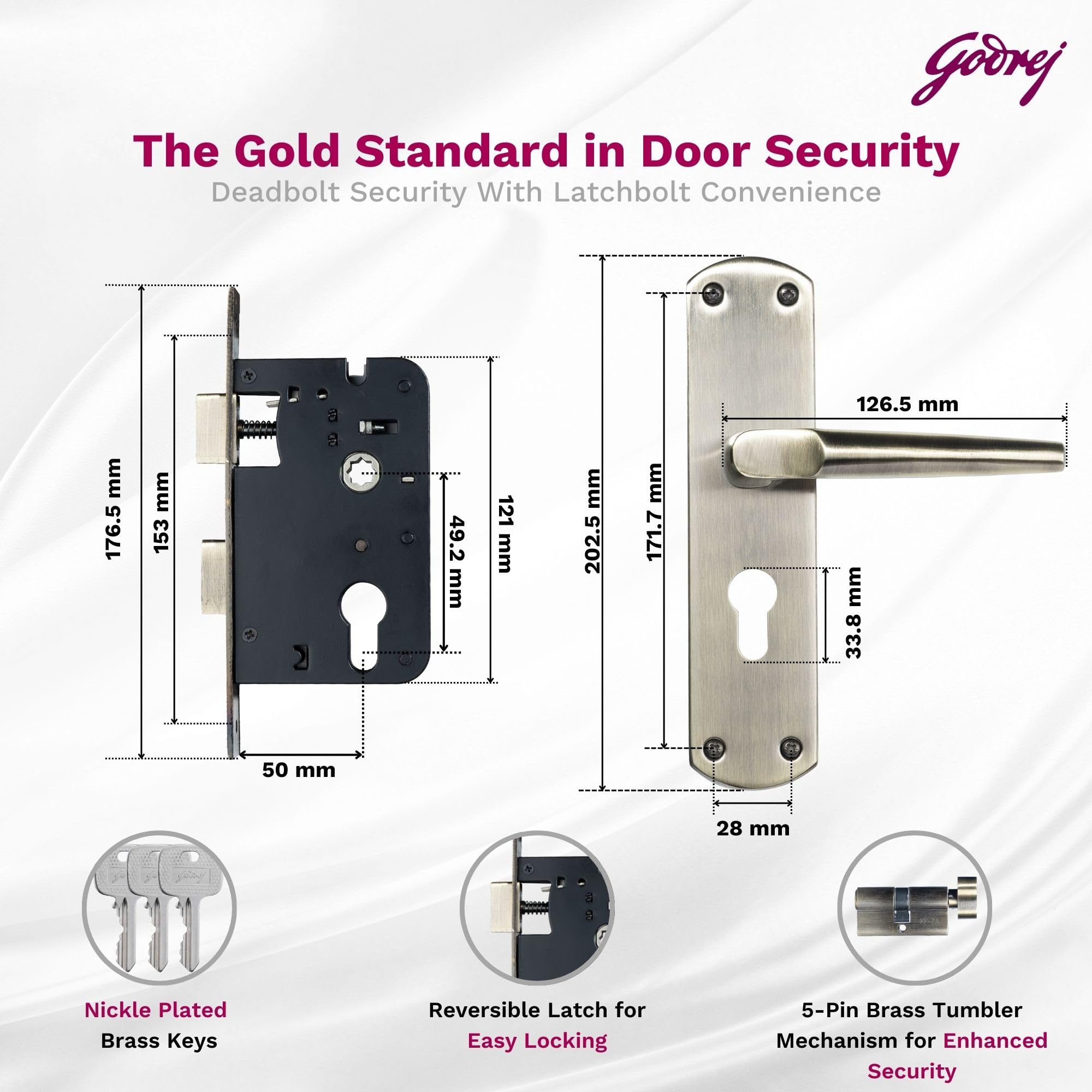 Godrej Mortise Lock I Handle Set 1CK EM01 I Antique Brass Finish I Pin Cylinder Technology I 3 Keys I Double Throw I 5" Handle I Left/Right Handed Door Operation I 1 Year Warranty — Amazon image 4