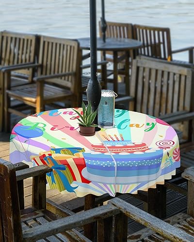 Miniatura 2 de QueenKer Mantel para exteriores con agujero para paraguas, regalo de pastel de feliz cumpleaños, serpentina, mesas redondas amarillas, colección de