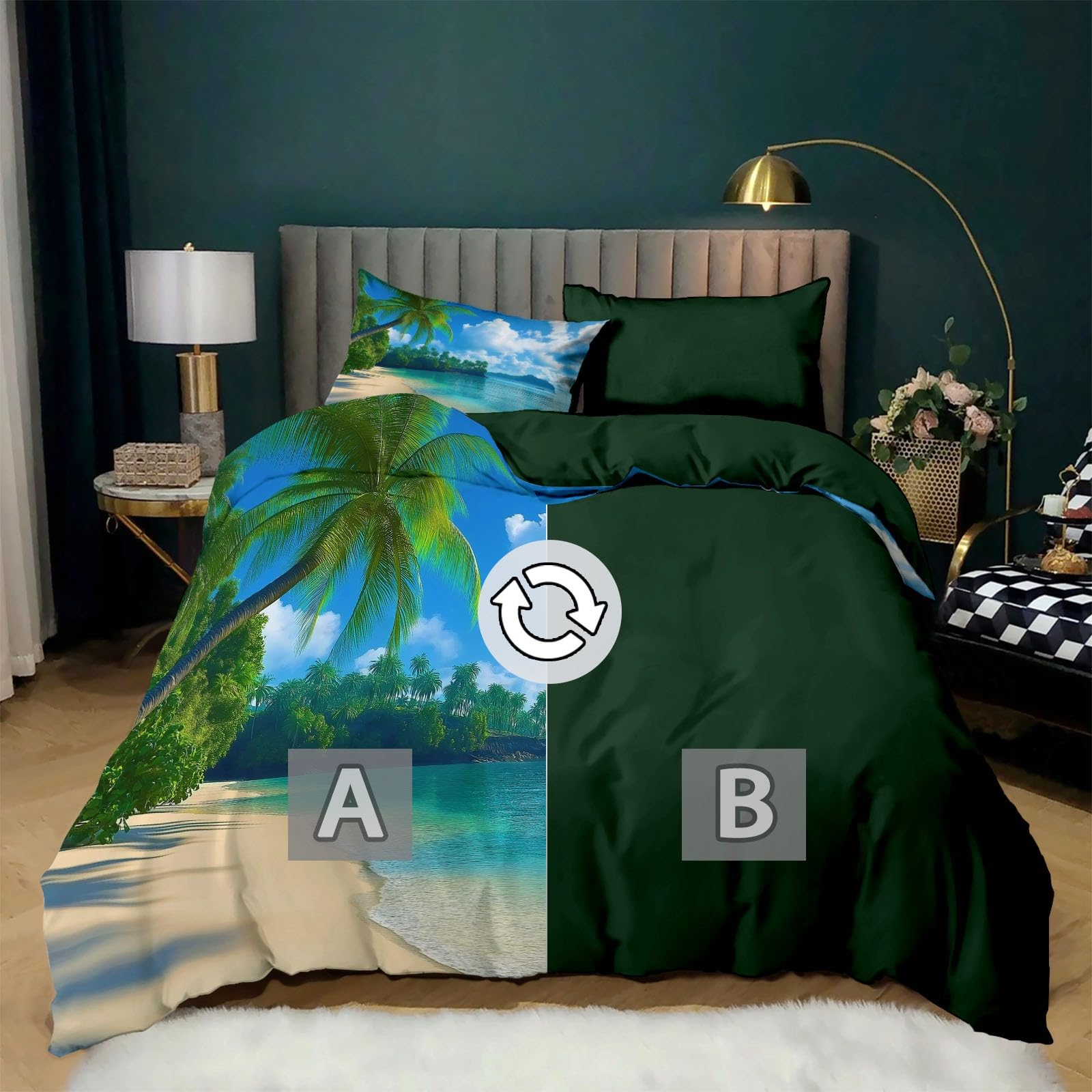 Natuurlandschap tropisch strand palmen beddengoedset 200 x 200 cm, 3-delig dekbedovertrek bosgroen, zacht microvezel beddengoed met ritssluiting, 1 wollig dekbedovertrek en 2 kussenslopen