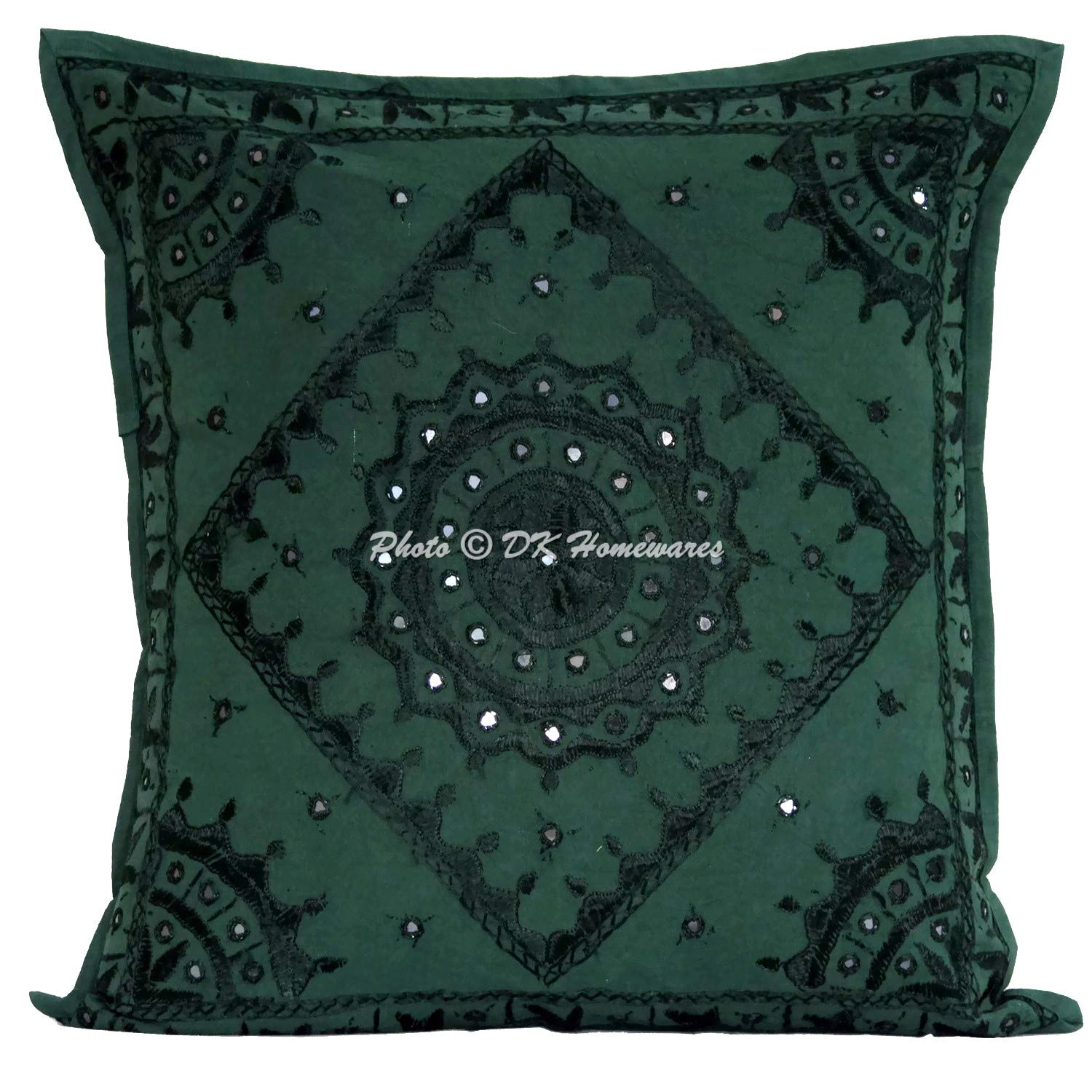 Fundas de Cojín para Sofá 60x60 cm Algodón Bordado con Espejos Estilo Boho Verde Oscuro Fundas de Almohada Decoración de Dormitorio - Pack de 4