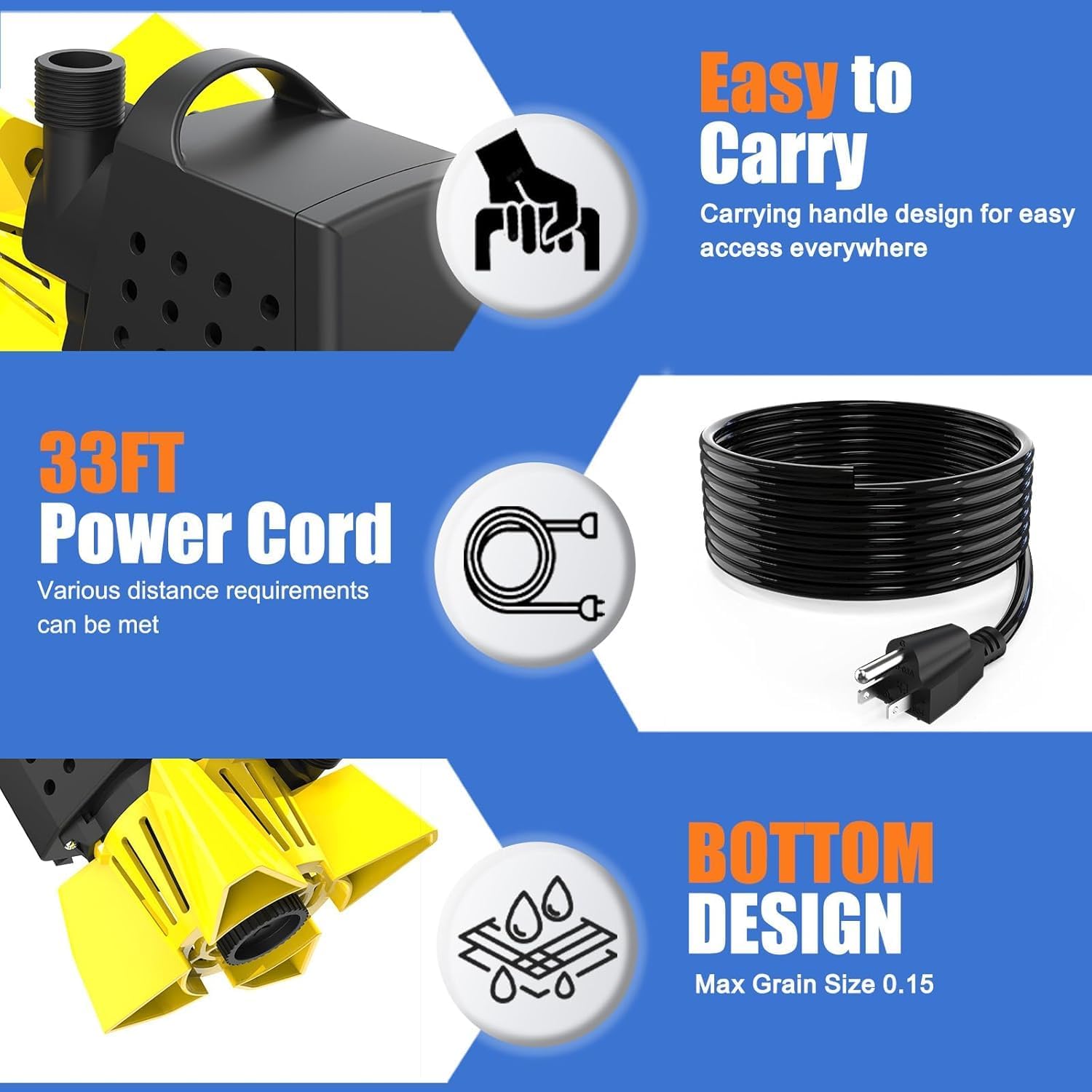 AgiiMan Pond Pumps -2HP 3500GPH Pool Cover Pump with Filter Bag and 33 FT Cable, Submersible Water Pump Max Lifting Height 20 FT, Ultra Quiet Sump Pump for Pond, Waterfall, Yellow