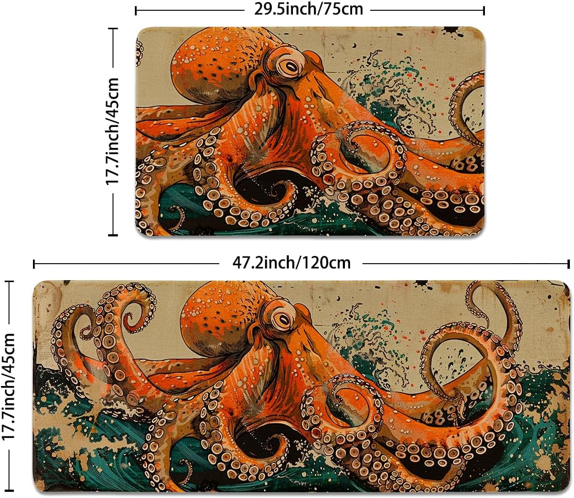 Red Octopus Kitchen Rugs Set of 2, Ocean Kraken Tentacles Kitchen Mats with Rubber Backing Non Slip for Kitchen Bathroom Livingroom Home Office, Octopus Pattern Rug, 17"x47"+17"x29"
