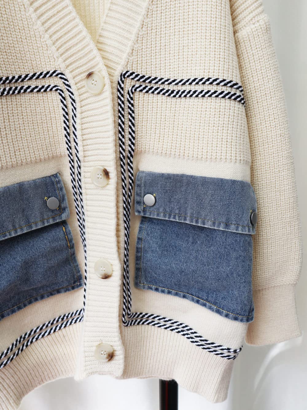 Cárdigans Para Mujer,Cárdigans De Punto Para Mujer Moda Beige Denim Bolsillo De Empalme Cuello En V Botón De Manga Larga Suéteres Delanteros Abiertos Cárdigan Otoño Vintage Suelto Prendas De A
