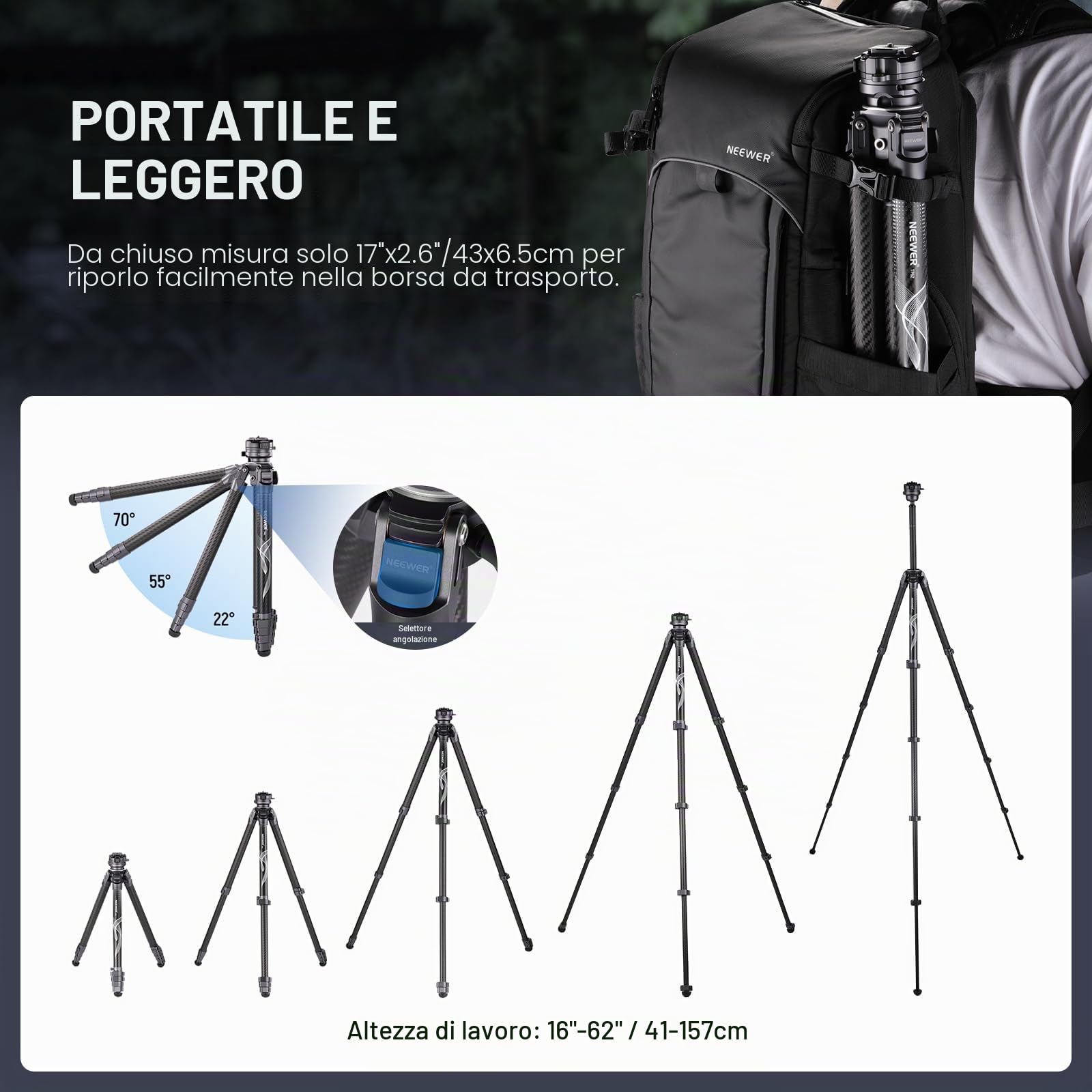 NEEWER Treppiede da Viaggio 62" Fibra di Carbonio con Livellamento ±15°Testa Pan 360°, Colonna Centrale Staccabile, Rilascio Rapido Arca Compatibile con Peak Design Piastra Treppiede Capture V3,TP62