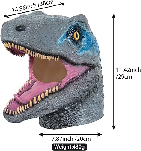 Miniatura 5 de PARTYGEARS Máscara de dinosaurio velociraptor mejorada para fiesta de disfraces de Halloween, máscara de cabeza de dinosaurio de látex