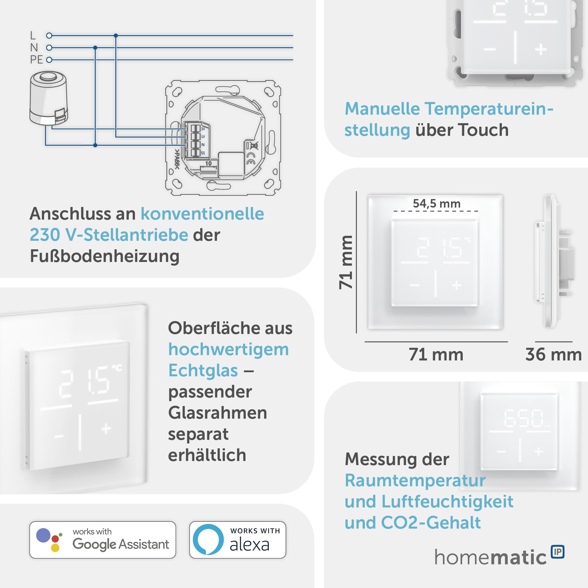 Homematic IP Termostato de pared de cristal con sensor de CO2 Smart Home, medición de temperatura, humedad, CO2, para radiador/calefacción por suelo radiante con aplicación, Alexa, Google Assistant