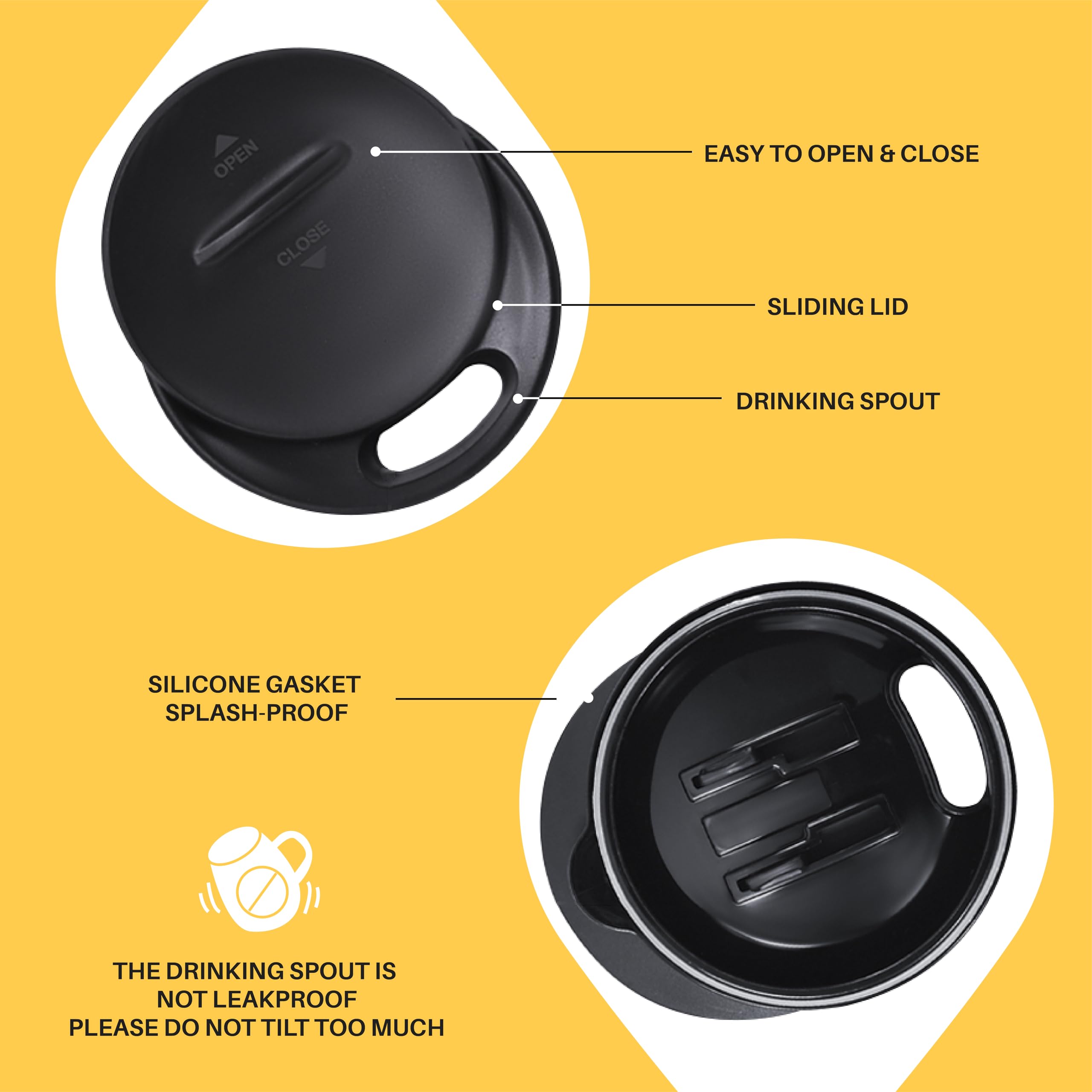 Ideus SHAMSS16LEOBE - Tazza da caffè da 470 ml, a doppia parete isolata sottovuoto, in acciaio inox, con manico antiscivolo e coperchio con modulo scorrevole, grande volume (giallo leopardo)